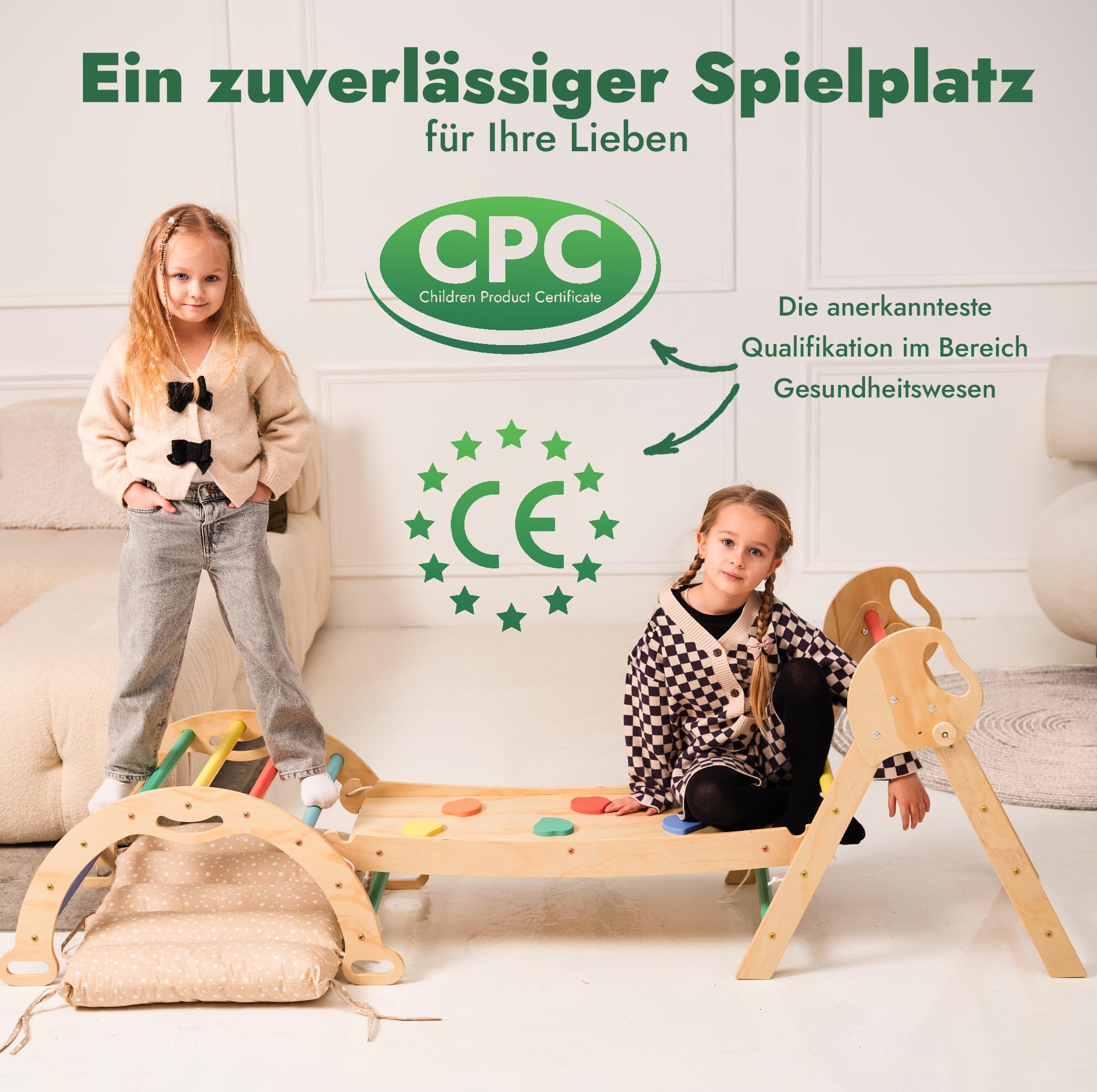 Goodevas 5-in-1 Montessori Klettergerüst Set: Indoor Kletterdreieck, Kletterbogen mit Kissen, und Rutsche für Kinder, Indoor Spielplatz 1-3 Jahre