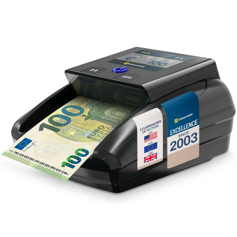 Detectalia D7T+, Falschgeldprüfer, getestet für EUR, GBP, USD, mit 5 Fälschungsprüfungen, mit Alarm, TFT-Display, EZB-Zertifiziert