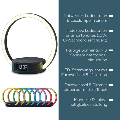 Beurer WL 65 Wake Up + Charge Lichtwecker, Nachttischlampe mit Ladefunktion für Smartphones, Wecker mit Simulation des Sonnenaufgangs für sanftes Aufwachen, dimmbares Nachtlicht mit Farbwechseloption