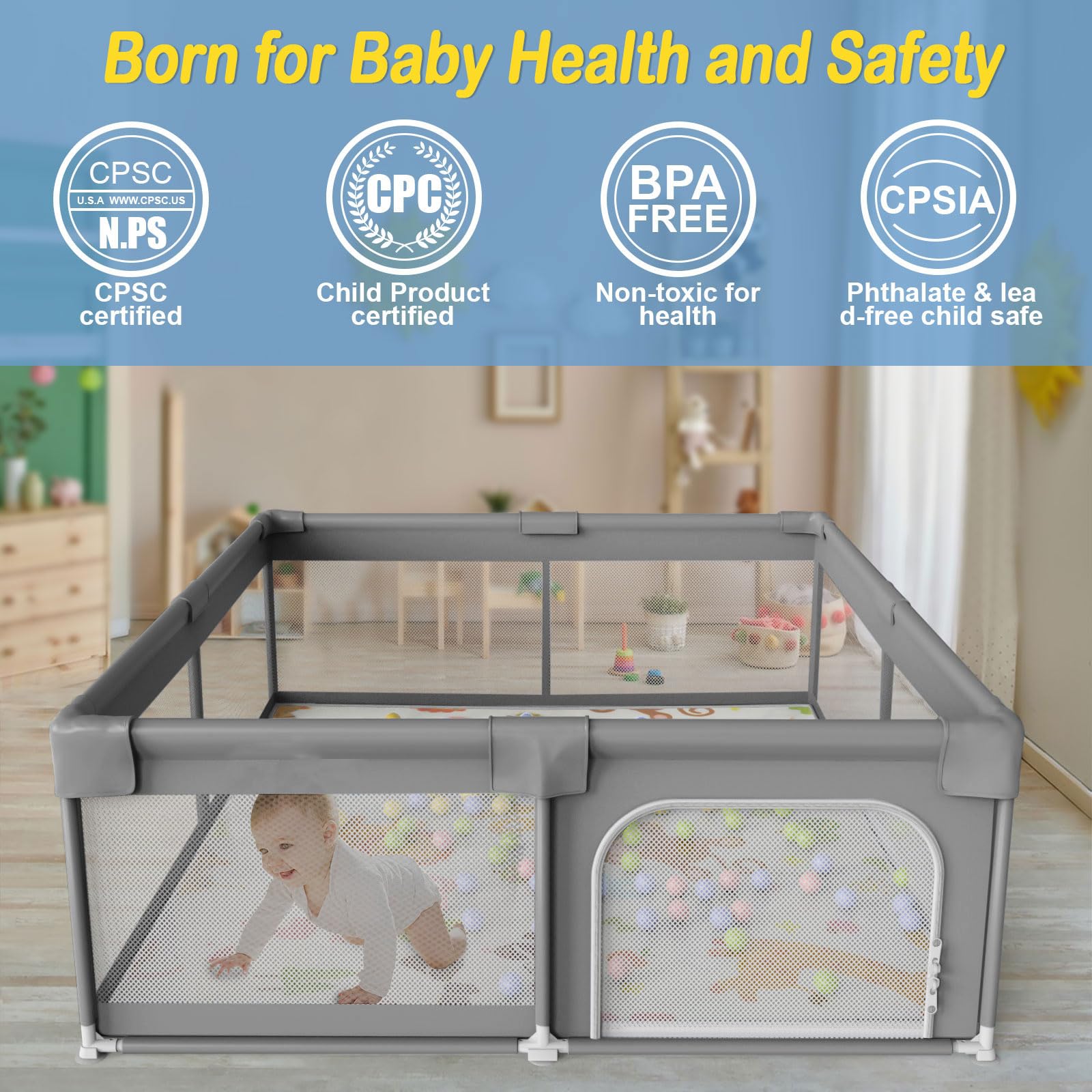 Palopalo Laufstall Baby 127x127cm, Laufgitter für Babys und Kleinkinder, Laufgitter Baby mit Reißverschlusstür und Atmungsaktivem Netz, Laufstall 300D Oxford Geweb, Dunkelgrau