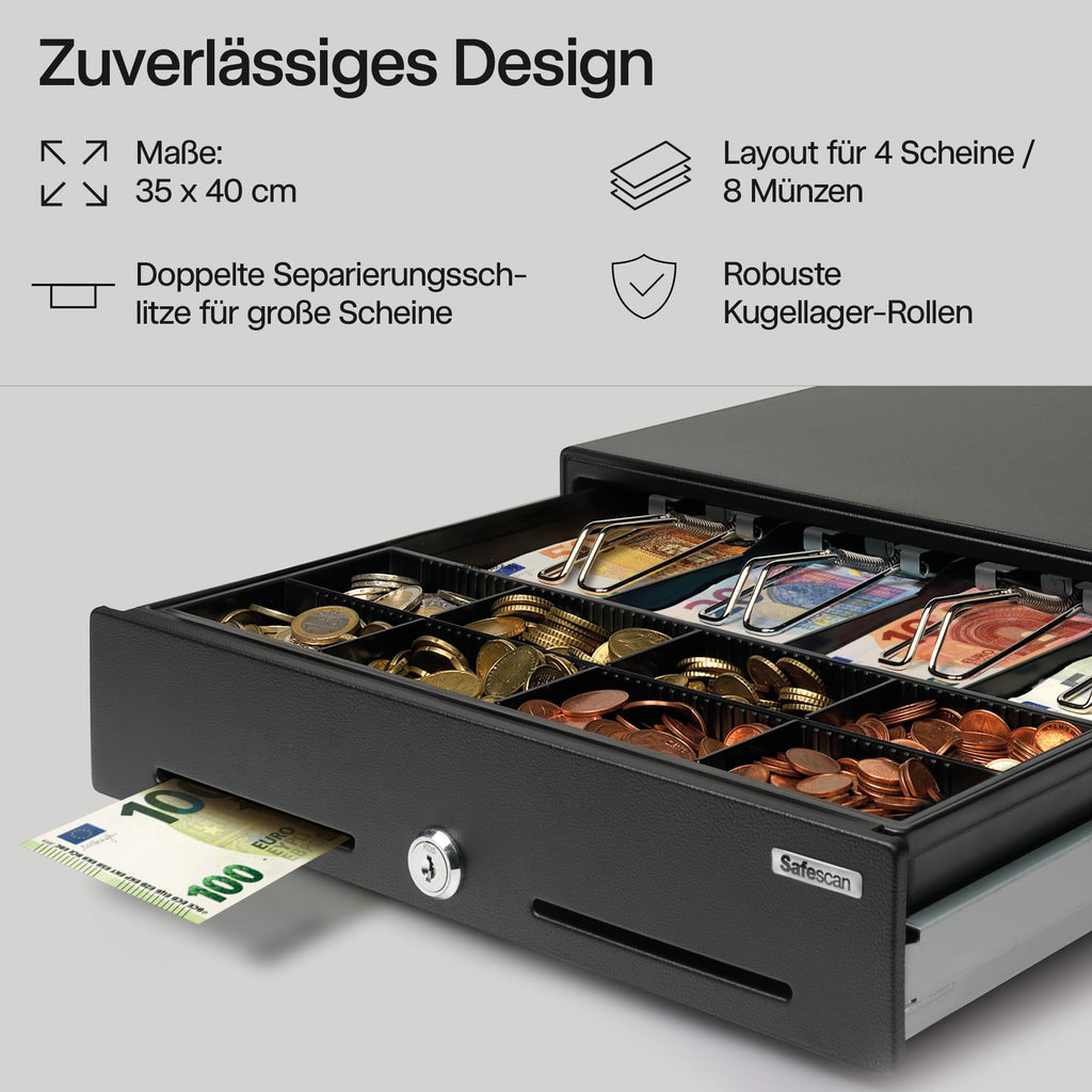 Safescan SD-3540 Standard-Duty Kassenschublade mit 4 Fächern für Banknoten und 8 für Münzen - Kassenlade mit RJ-12 Anschluss (z.B. Registrierkasse) - Solide Kassenschublade von 35 x 40,5 x 10,5 cm