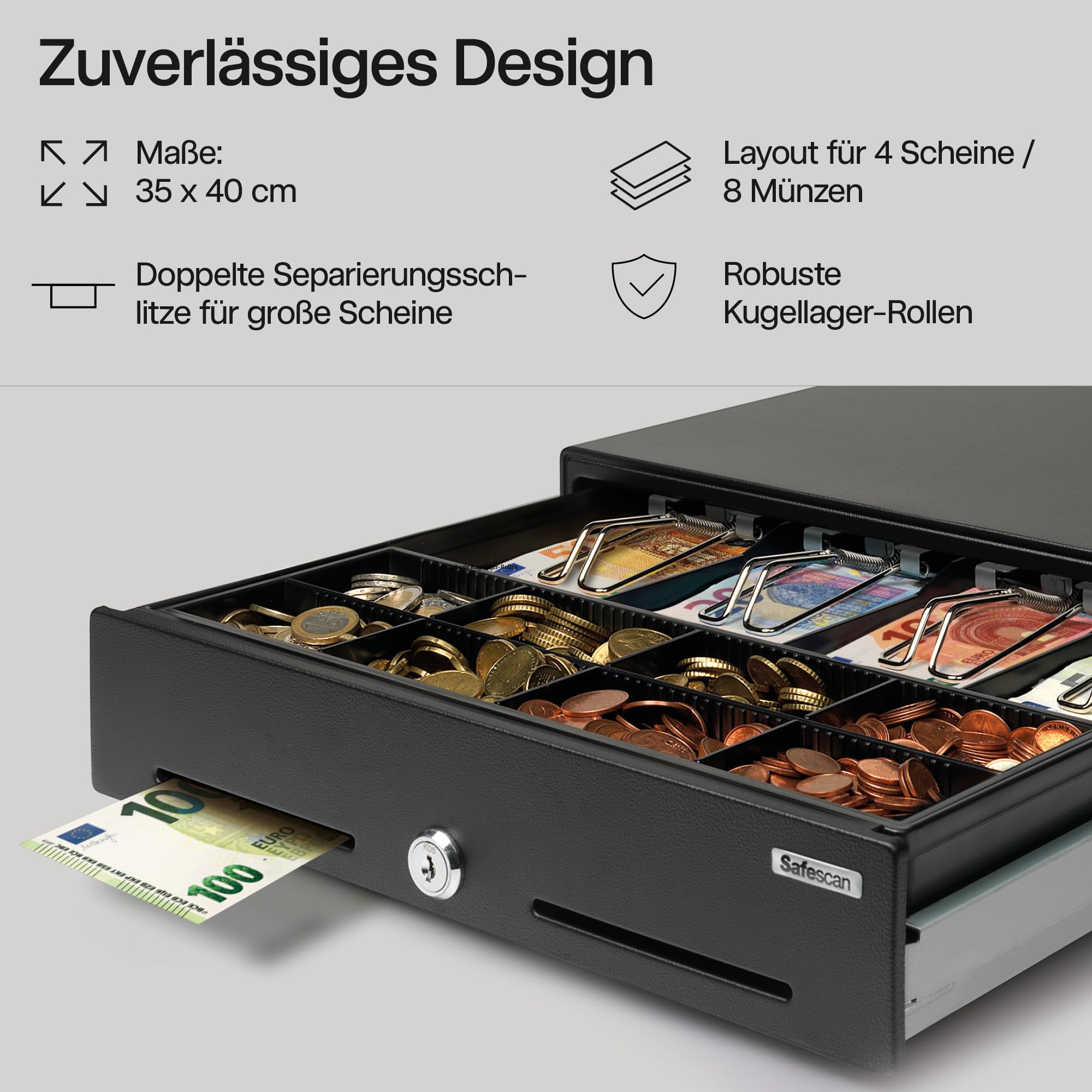 Safescan SD-3540 Standard-Duty Kassenschublade mit 4 Fächern für Banknoten und 8 für Münzen - Kassenlade mit RJ-12 Anschluss (z.B. Registrierkasse) - Solide Kassenschublade von 35 x 40,5 x 10,5 cm