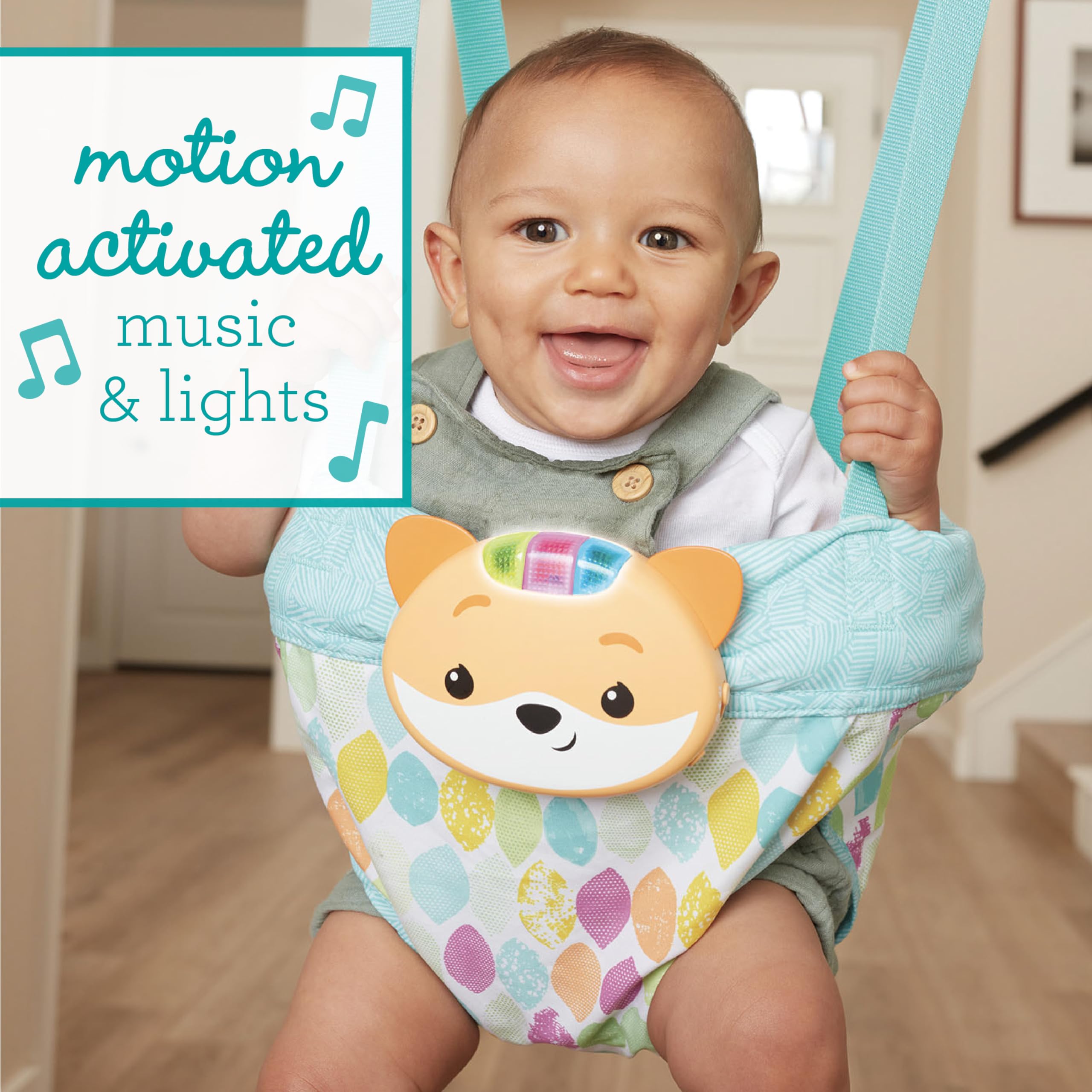 Infantino Music & Lights 2-in-1-Türschaukel, Anregende Aktivitätsschaukel für Babys mit bewegungsgesteuerten Geräuschen, Fuchs