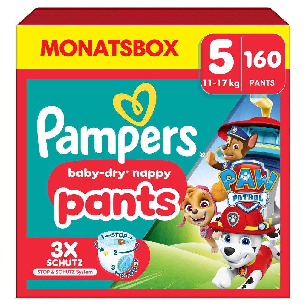 Pampers Baby-Dry Pants Paw Patrol Edition Größe 5, 160 Windeln, 11kg-17kg, 360grad Passform hilft, Auslaufen zu verhindern