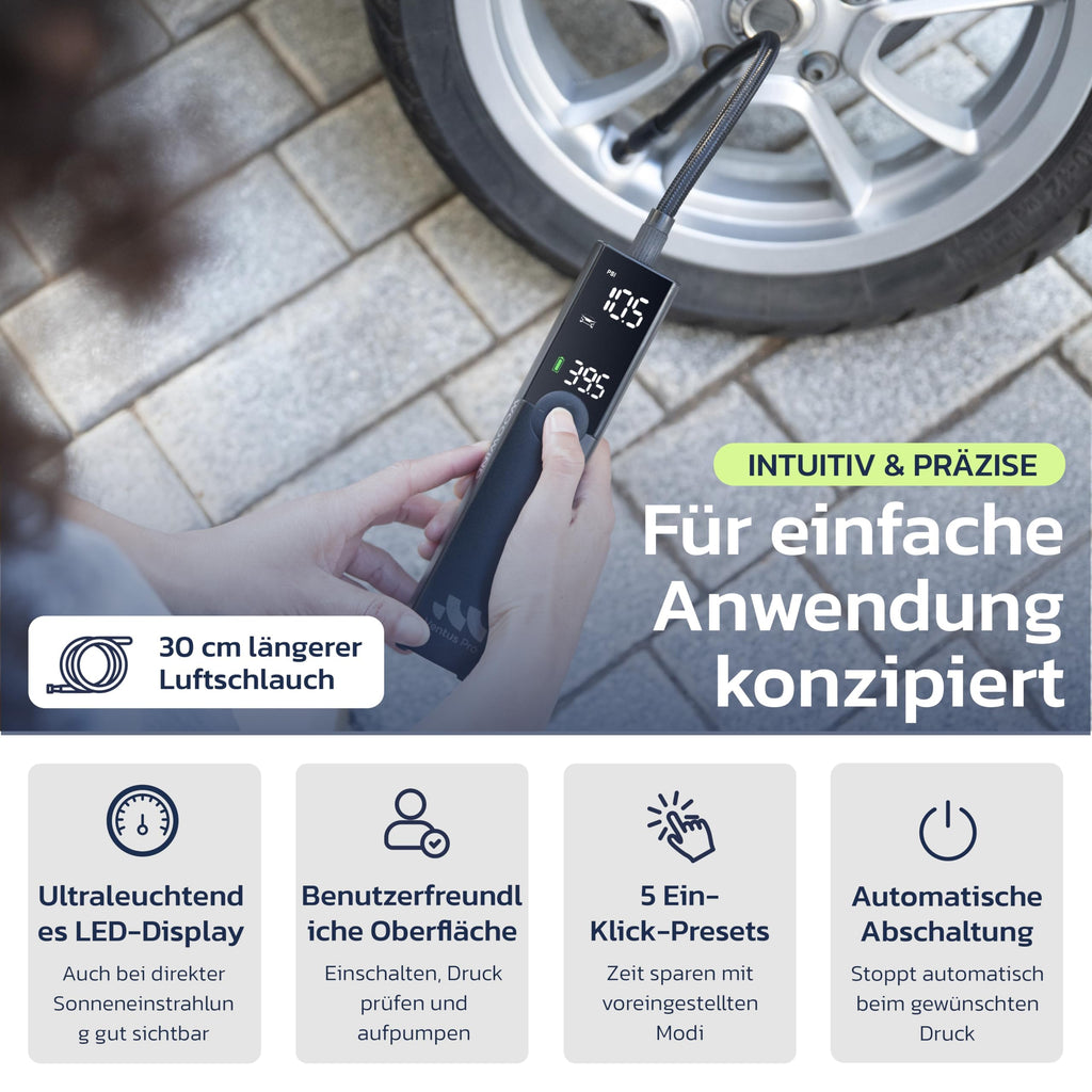 Woowind Ventus Pro Reifenfüller, Tragbarer Luftkompressor für Auto, Fahrrad, Motorrad, SUV, Offroad und LKW – Schnelle Autopumpe, 150PSI/10,3Bar, Kabellos 12 V DC, LED-Display, Notlicht + Koffer