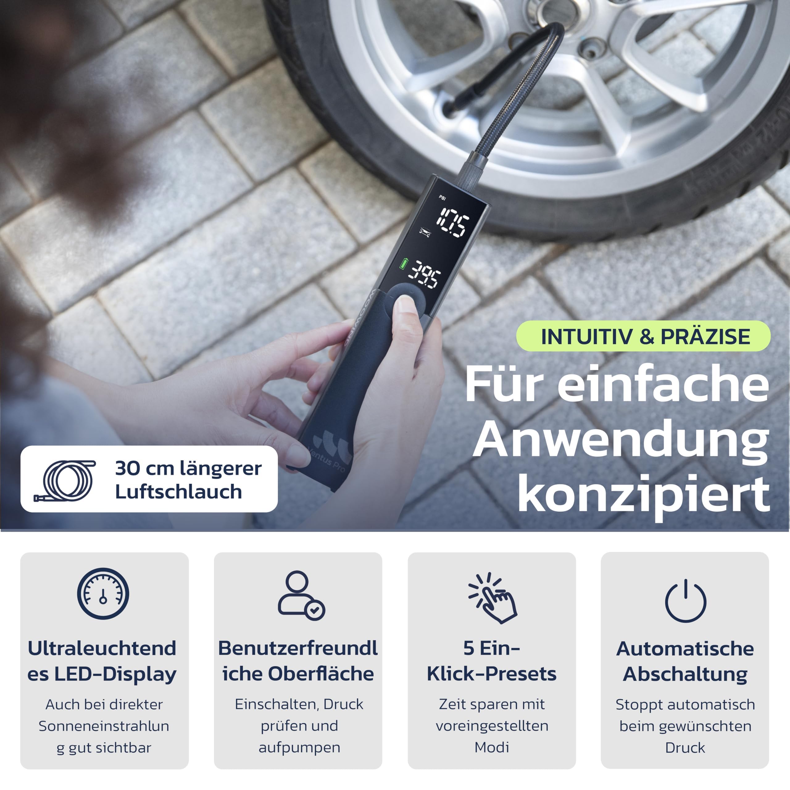 Woowind Ventus Pro Reifenfüller, Tragbarer Luftkompressor für Auto, Fahrrad, Motorrad, SUV, Offroad und LKW – Schnelle Autopumpe, 150PSI/10,3Bar, Kabellos 12 V DC, LED-Display, Notlicht + Koffer