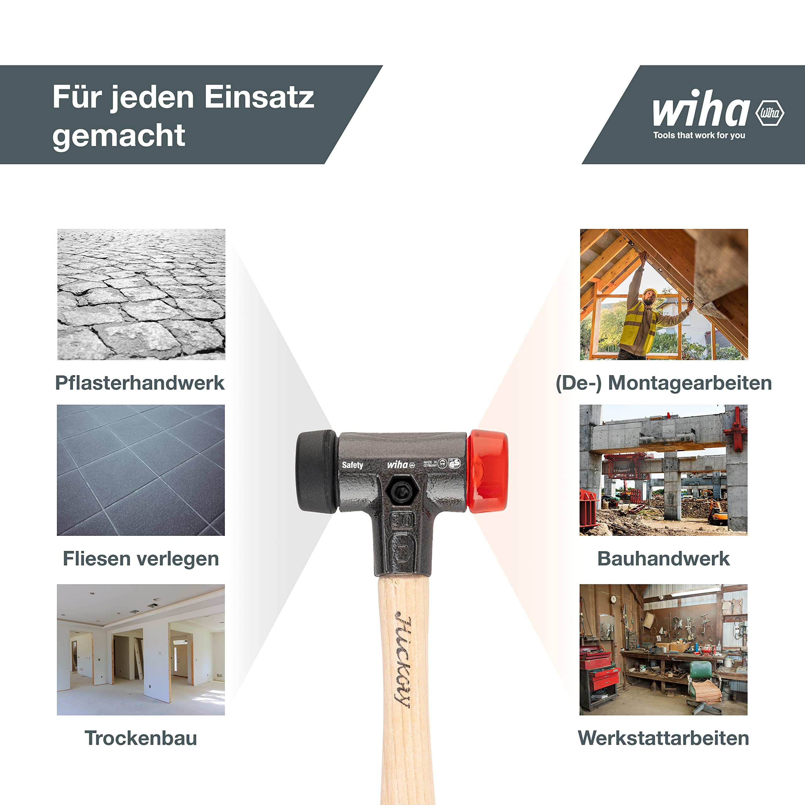 Wiha Schonhammer Safety mittelweich und hart (26613) I Gummihammer mit hochwertigem Hickory Holzstiel I Rund-Schlagkopf 50mm