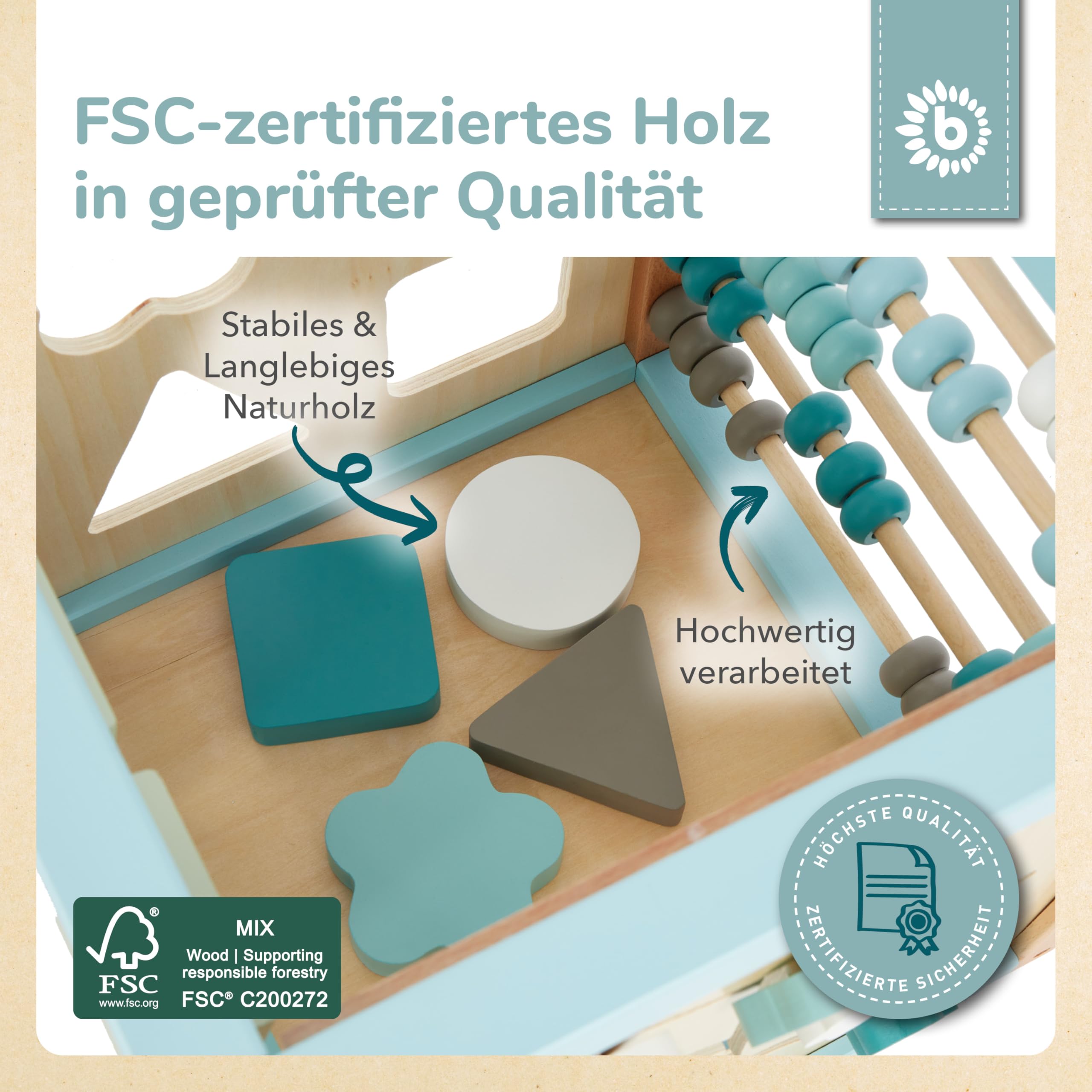 Bieco Motorikwürfel XXL Scandi-Chic | Motorikspielzeug ab 1 Jahr | Activity Center Baby Spielzeug 1 Jahr | Holz motorikschleife ab 1 Jahr Baby