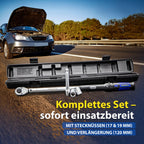 Goodyear Premium Drehmomentschlüssel, Einstellbar von 42 bis 210 Nm, Antrieb 1/2" Vierkant, inkl. Verlängerung und Stecknüsse 17 mm und 19 mm, Blau, Schwarz, Silber