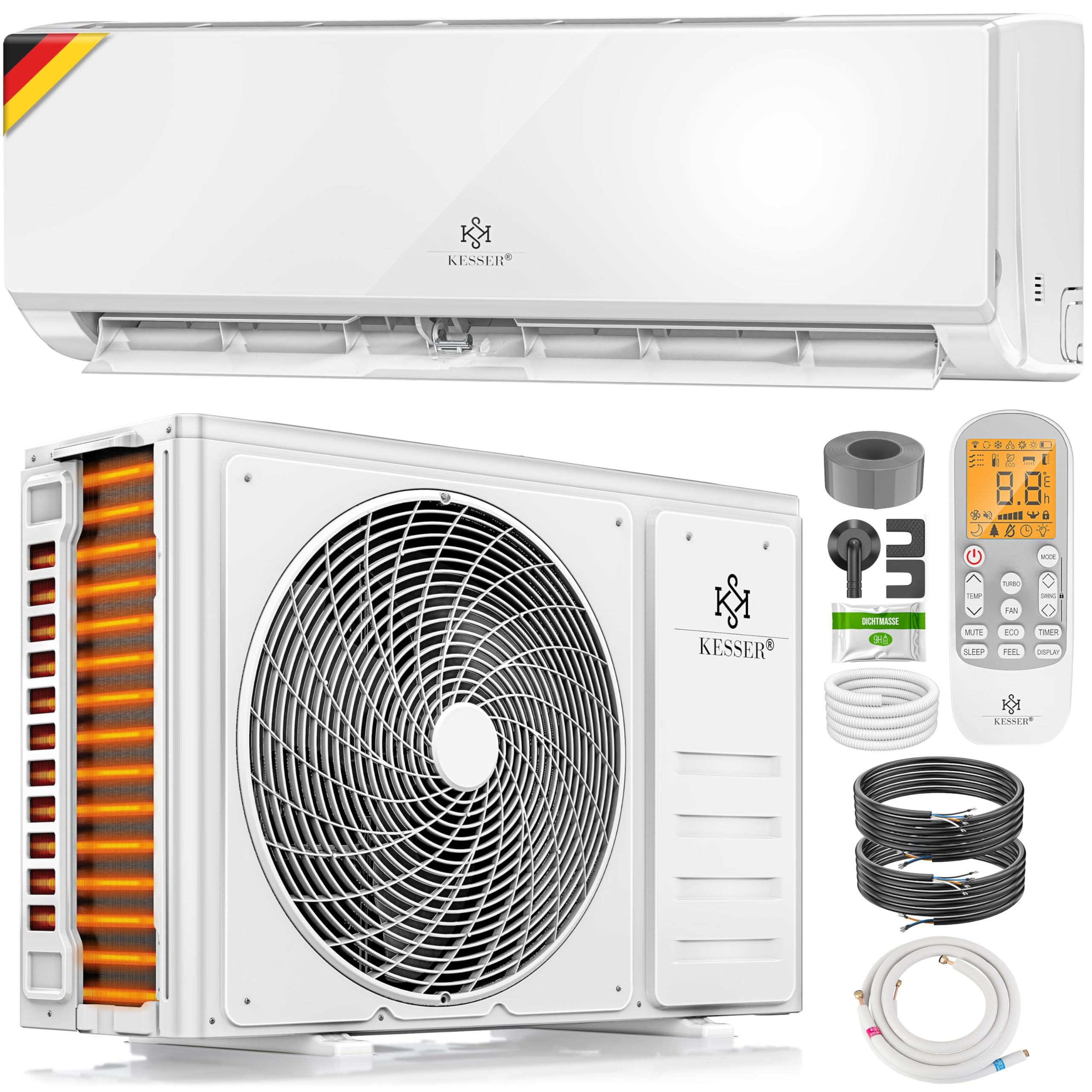 KESSER® Klimaanlage Set Split - mit WiFi/App Funktion Klimagerät - Kühlen A++/ Heizen A+ - 9000 BTU/h (2.600 Watt) Sehr Leise, Kältemittel R32 - Fernbedienung, Timerfunktion - Inkl. Montagematerial