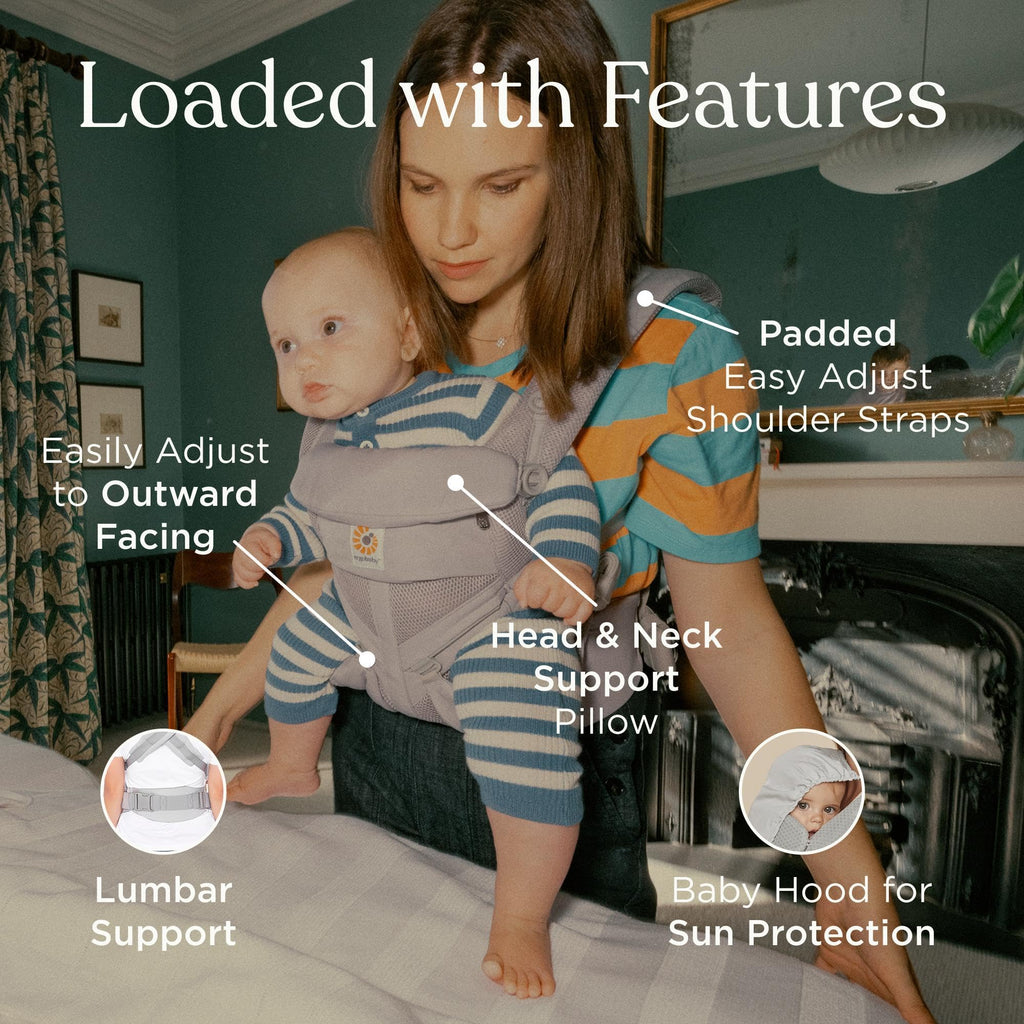 Ergobaby Babytrage für Neugeborene bis zum Kleinkind, 4-Positionen Omni 360 Cool Air Mesh Pearl Grey, Ergonomische Baby-Tragetasche Bauchtrage Rückentrage