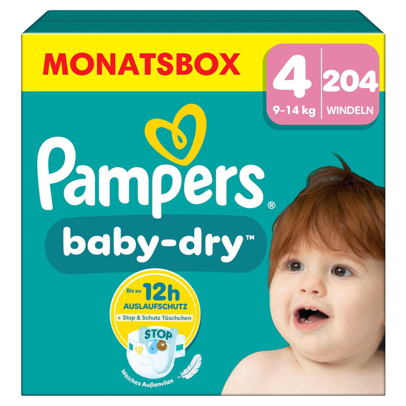 Pampers Baby-Dry Größe 4, 204 Windeln, 9kg-14kg, Bis zu 100% Auslaufschutz & Komfort die ganze Nacht