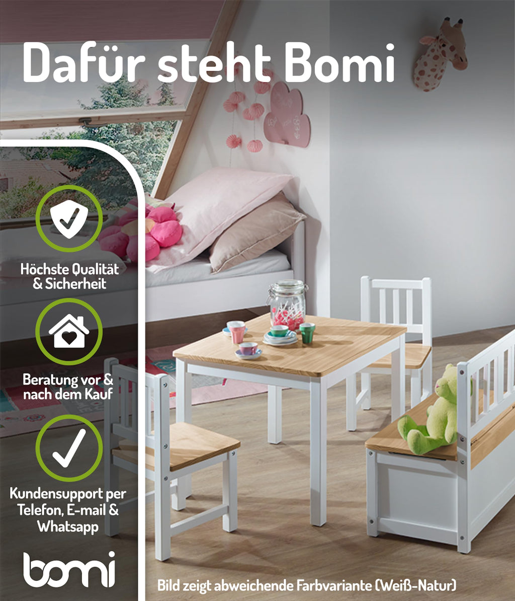 Bomi Kindersitzgruppe Anna mit integrierter Spielzeugkiste | Kinderzimmer-Set inkl. Kindertisch mit 2 Stühlen & Kindertruhenbank | Kindermöbel aus FSC nachhaltigem Kiefern Massiv Holz | Naturbelassen