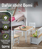 Bomi Kindersitzgruppe Anna mit integrierter Spielzeugkiste | Kinderzimmer-Set inkl. Kindertisch mit 2 Stühlen & Kindertruhenbank | Kindermöbel aus FSC nachhaltigem Kiefern Massiv Holz | Naturbelassen