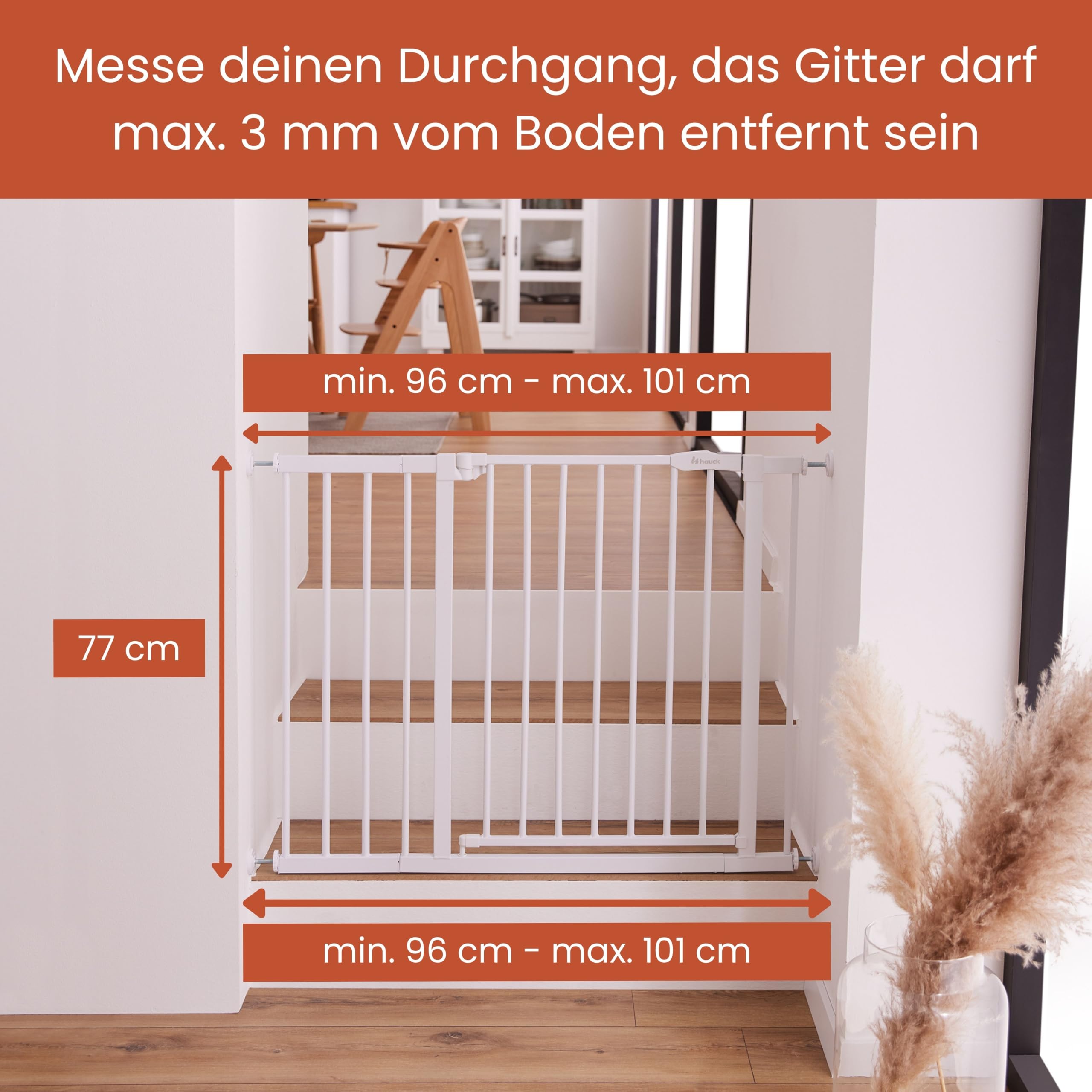 hauck Clear Step 2 + 21 cm Verlängerung, Weiß - Kinderschutzgitter Hundegitter, Verstellbare Breite 96-101 cm, 77 cm Hoch, Flacher Einstieg, Einhand Öffnung, ohne Bohren, für Innen