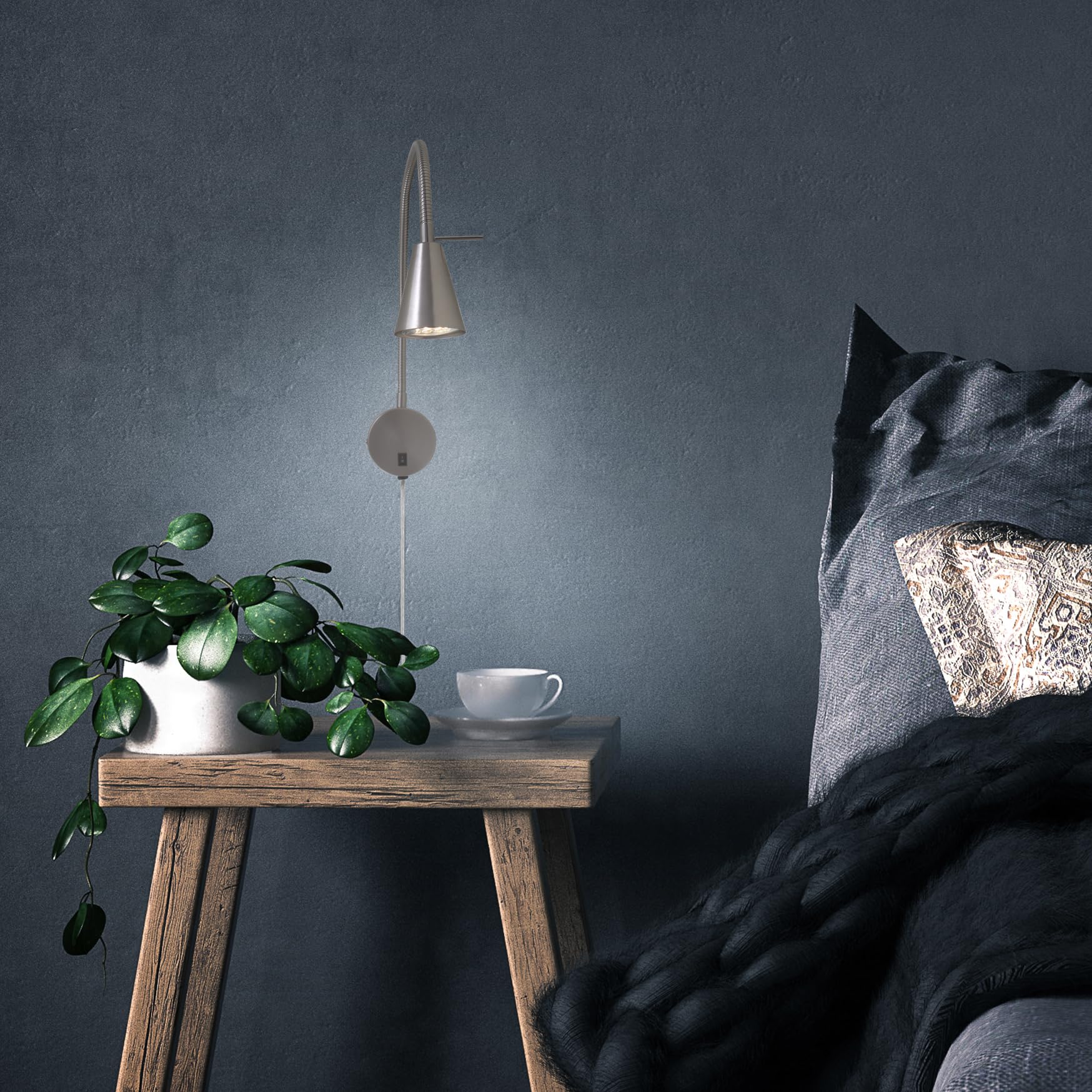 BRILONER - LED Bettlampe, Bettleuchte Flexarm, inkl. An-/Ausschalter, schwenkbar, 4,7 Watt, 350 Lumen, Schlafzimmerlampe, Büroleuchte, warmweiße Lichtfarbe, Metall, 45x20,5 cm, Matt-nickel