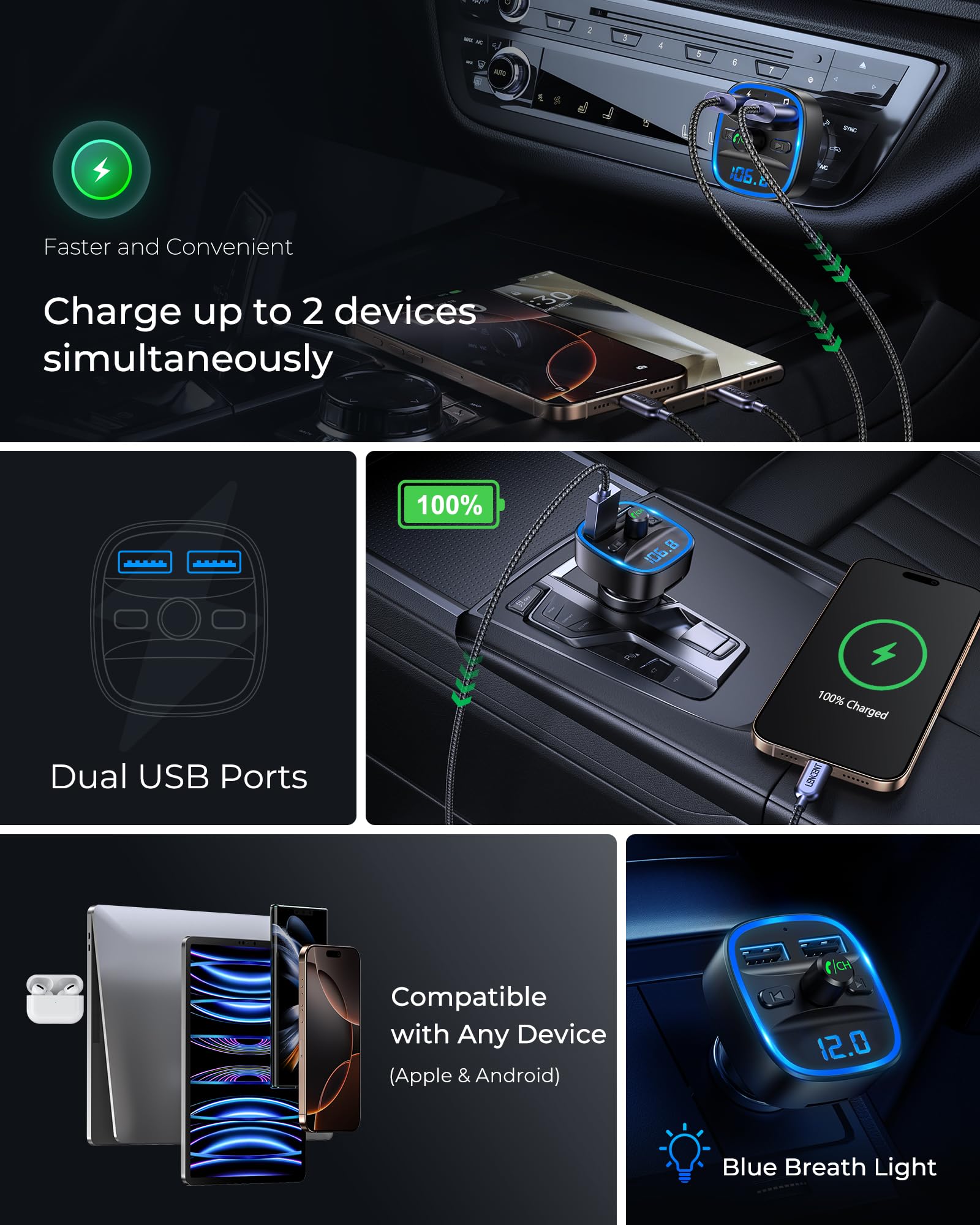 LENCENT Bluetooth FM Transmitter Auto, Musik Adapter für Auto Radio, KFZ Bluetooth Zigarettenanzünder Freisprechanlage, 2 USB Ports, Unterstützt SD-Karte USB-Sticks