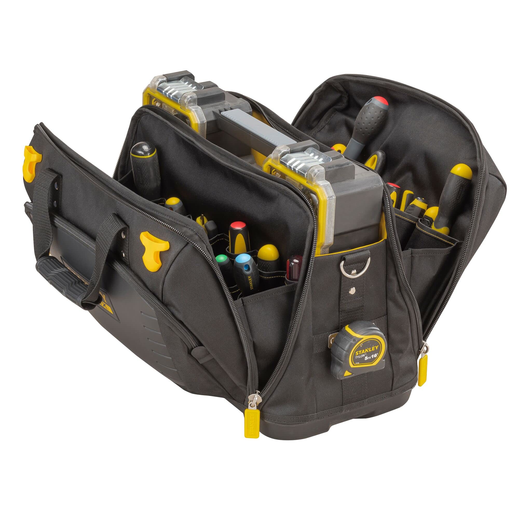 STANLEY FatMax Werkzeugtasche/Tragetasche für Werkzeug mit Fächern Quick Access (mit 4 Fächern, aus 600 x 600 Denier Nylon, mit Kunststoffboden & gepolstertem Schultergurt) FMST1-80147