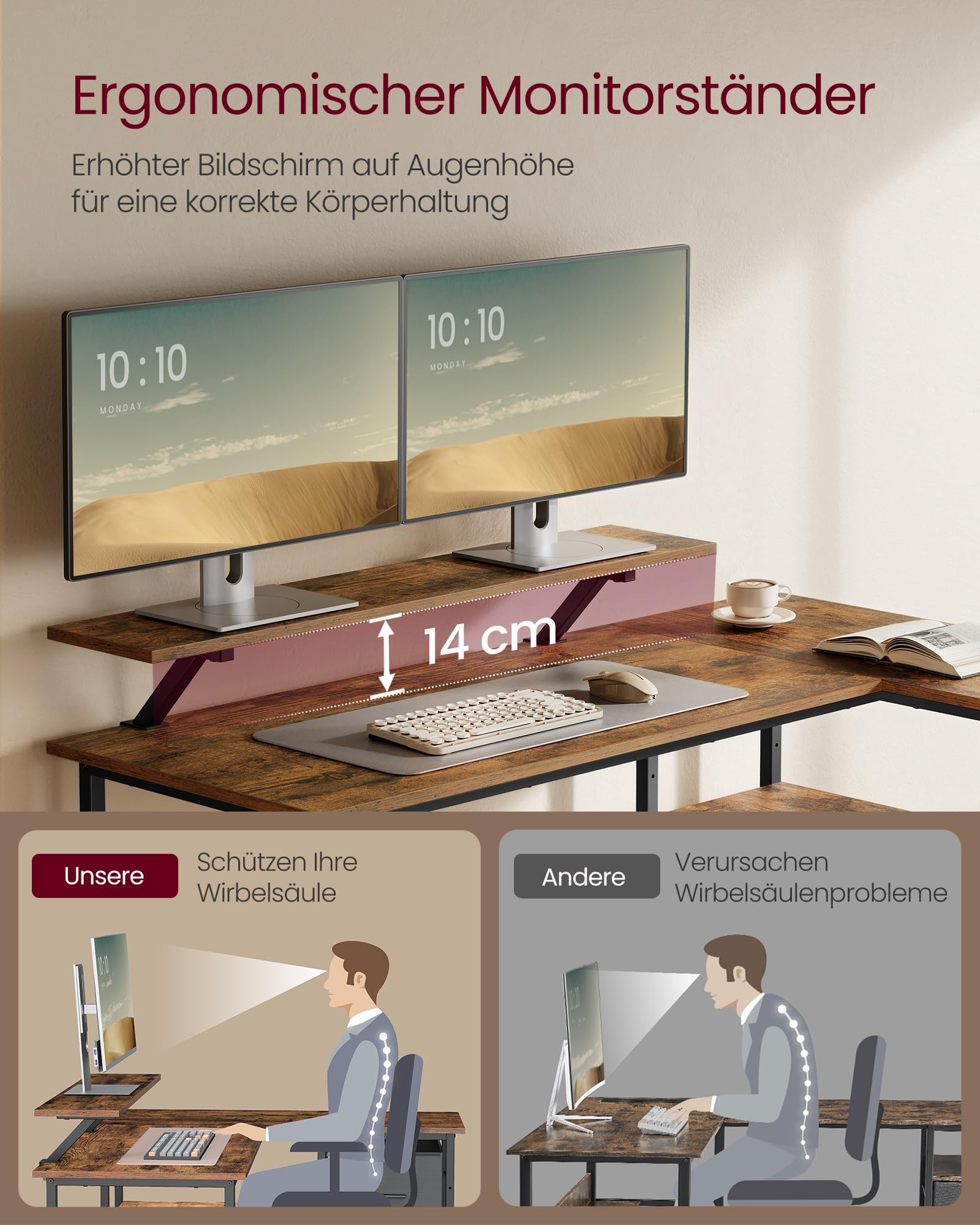 VASAGLE L-förmiger Schreibtisch, 2 geräumige Schubladen, Computertisch mit Monitorständer, Eckschreibtisch, Gaming-Tisch mit Verstellbarer Ablage 135 x 105 cm vintagebraun LWD098B01