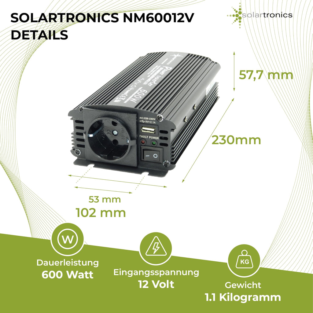SOLARTRONICS Spannungswandler NM600 12V 600 Watt SCHWARZ - 1200 Watt Spitzenleistung - Wechselrichter 12v auf 230v - Blei- oder AGM-Batterie kompatibel - mit Schuko- & USB Anschluss