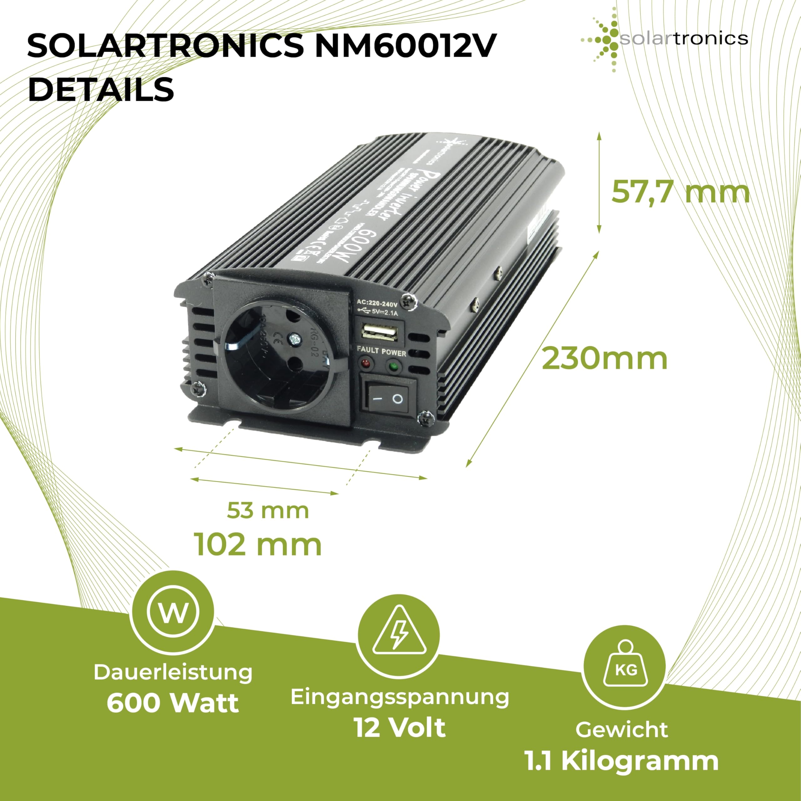 SOLARTRONICS Spannungswandler NM600 12V 600 Watt SCHWARZ - 1200 Watt Spitzenleistung - Wechselrichter 12v auf 230v - Blei- oder AGM-Batterie kompatibel - mit Schuko- & USB Anschluss
