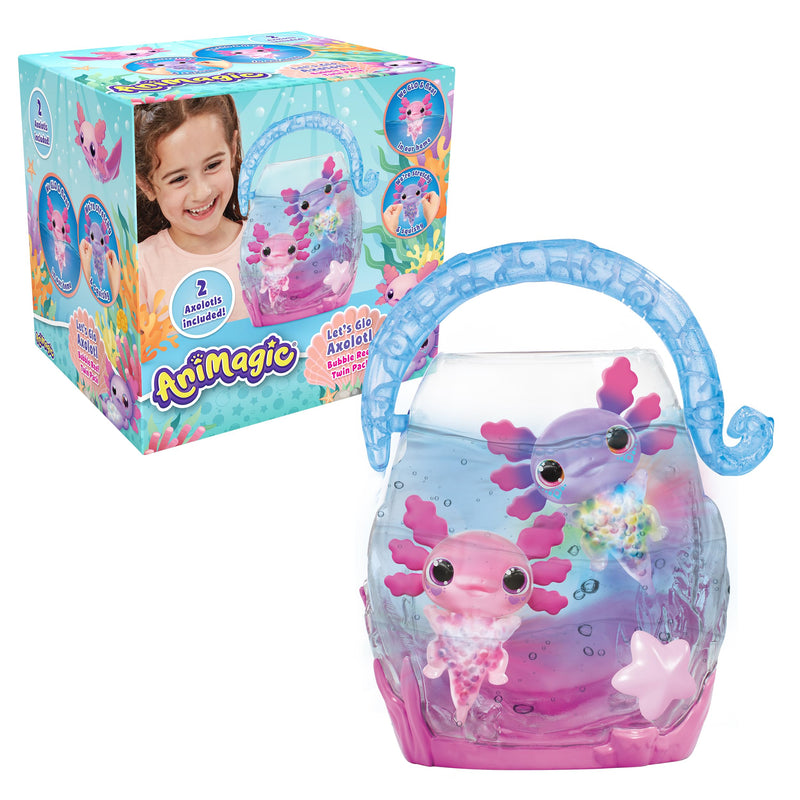 Animagic - Let's Glo Axolotl Bubble Reef Pack :1 Interaktives Aquarium + 2 Axolotl (Rosa & Lila), Elektronische & leuchtende Freunde, Sensorisches Spielzeug für Kinder ab 4 Jahren