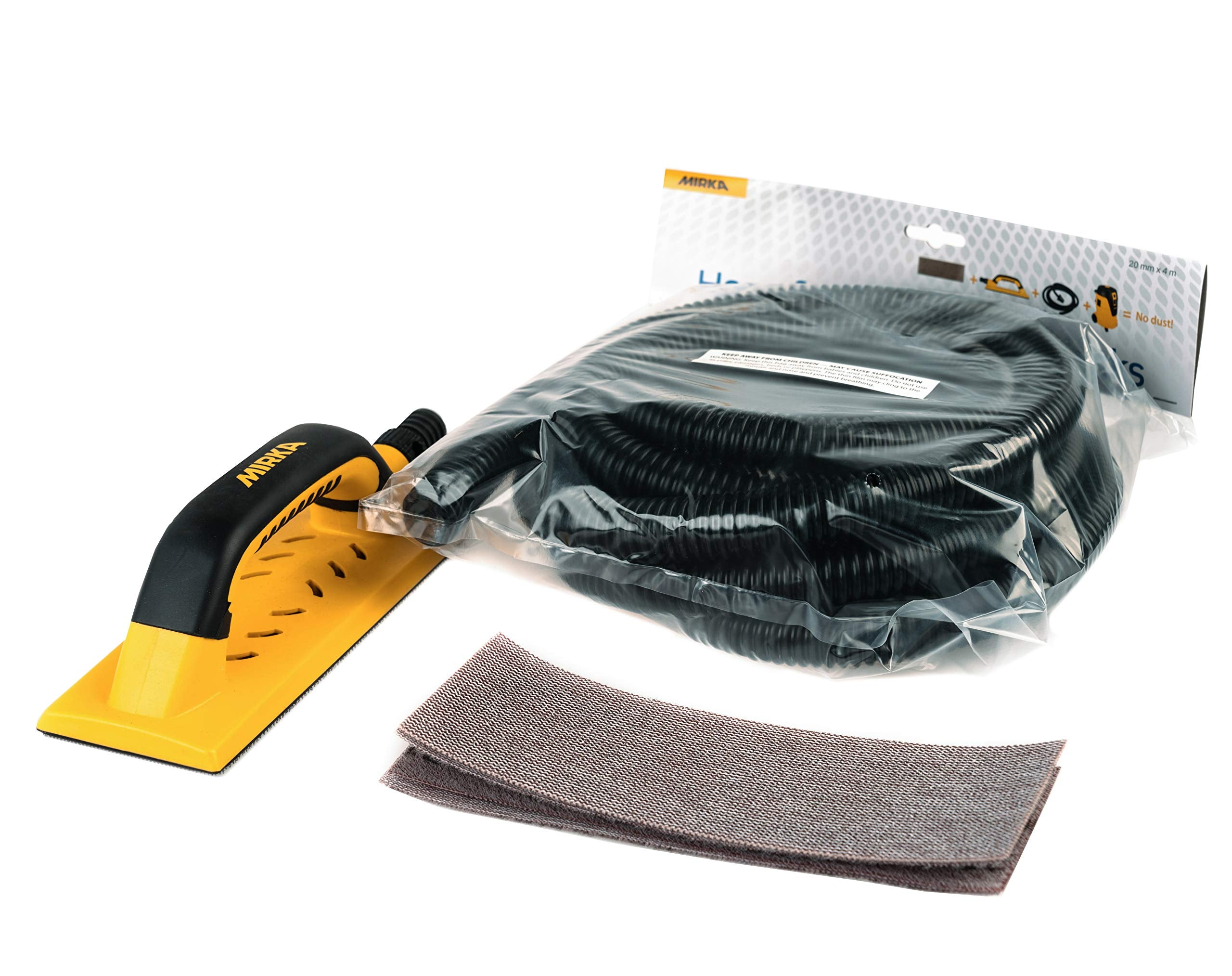 Mirka Handy Handschleifer Starter-Kit I Schleifklotz-Set mit Absaugung inkl 4m Absaugschlauch und 5 St. Mirka Abranet Netz-Schleifstreifen Klett Korn P80 P120 P180 I Staubfreies Schleifen I KIT01HANDY