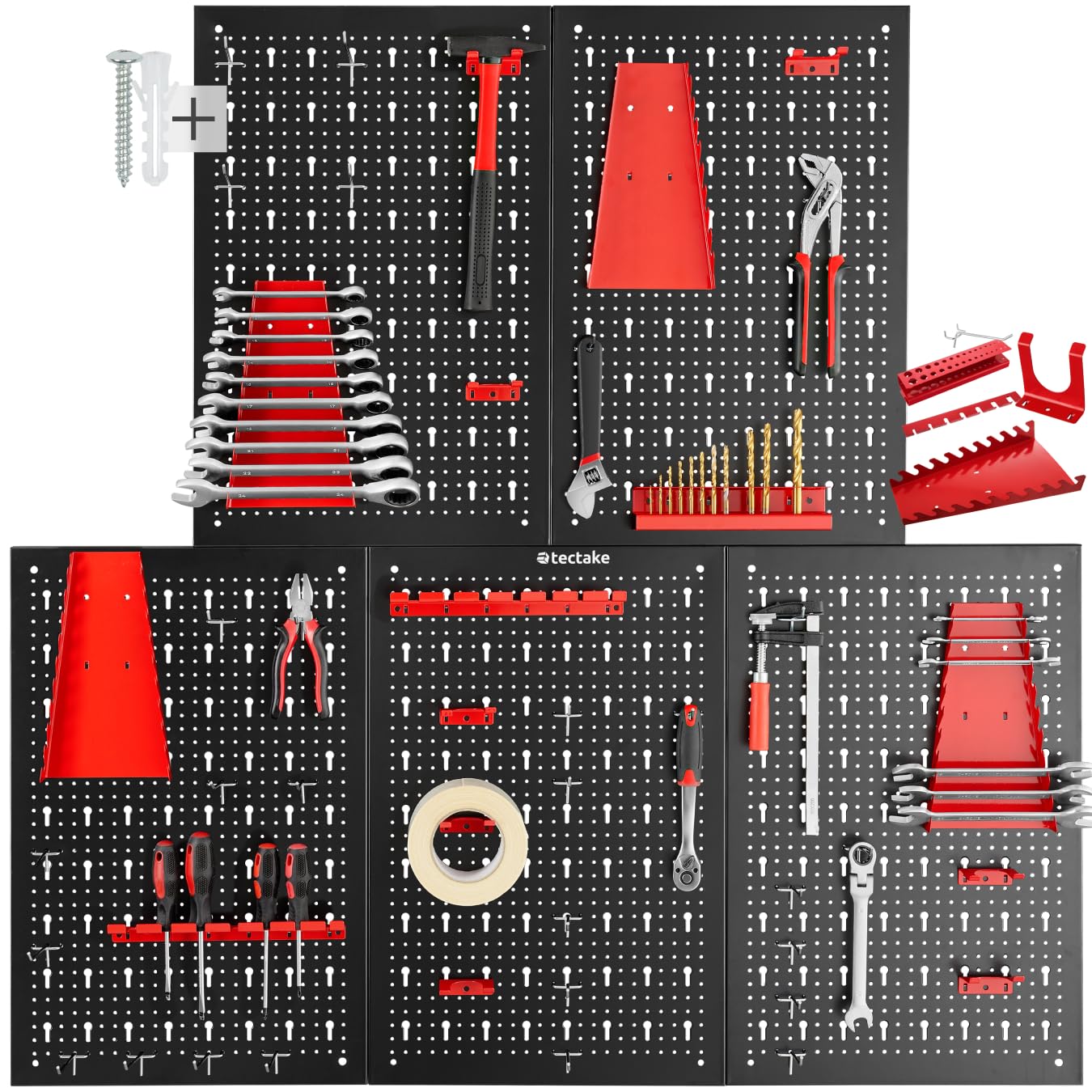 tectake® Werkzeug Lochwand aus Metall, 200 x 60 x 2 cm, Werkzeugwand Lochplatte, inkl. Werkzeughalter Set Haken und Halterungen, Wandregal Regalsystem für Werkbank, Garage, Werkstatteinrichtung - 5tlg