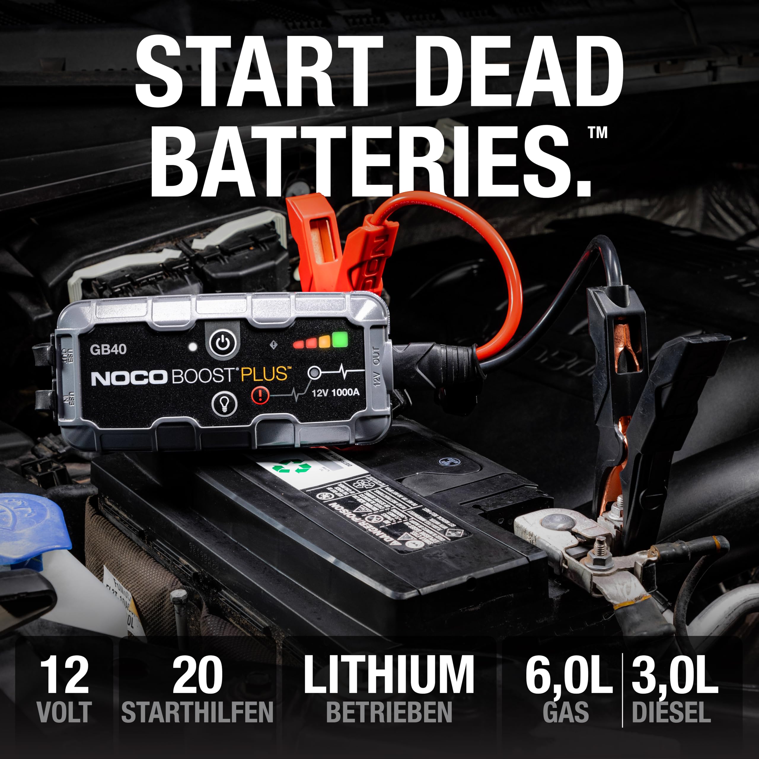 NOCO Boost GB40: 1000A UltraSafe Starthilfe Powerbank – 12V Lithium-Starthilfegerät & Starterkabel – Tragbarer Booster für Benziner bis 6,0L & Diesel bis 3,0L