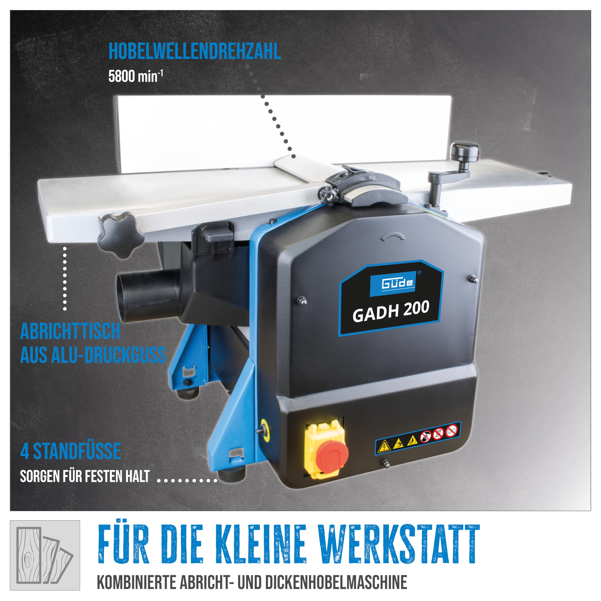 Güde 55440 Abricht- & Dickenhobel GADH 200 (Abrichttische aus Alu-Druckguss, Hobelwellenschutz, Überlastschalter), Blau, 82 x 46 cm