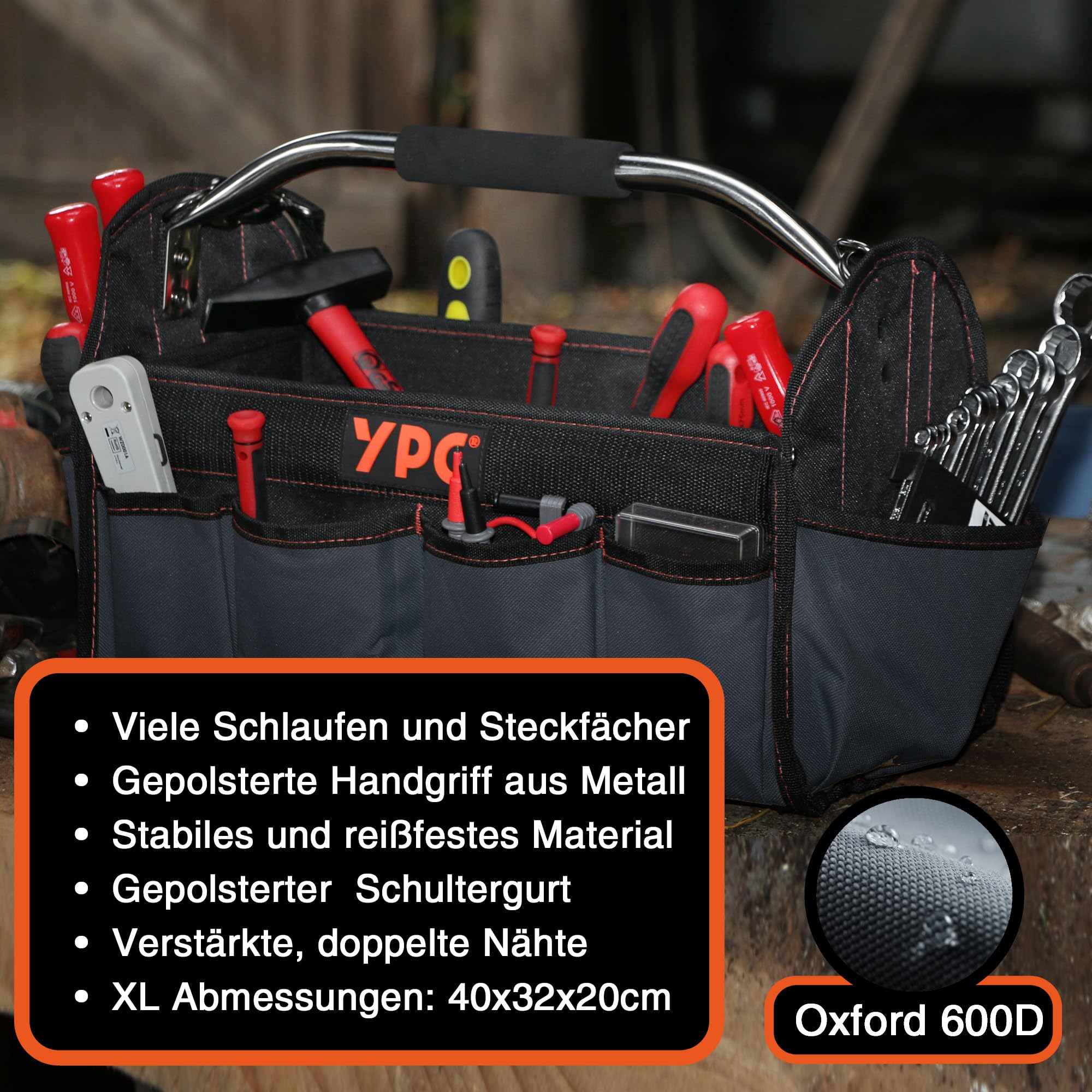 YPC Carrier Werkzeugkorb XL – Tragbare Werkzeugtasche mit stabilem Boden, Wasserfest, Reißfest, Faltbar, Schultergurt mit Polster & Metall-Handgriff, Schwarz, 40,5x30x19,5cm – 20 kg Tragkraft