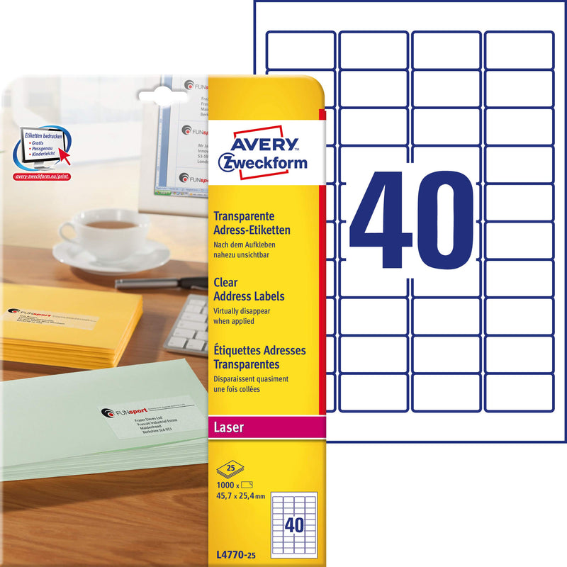 AVERY Zweckform L4770-25 Adressetiketten/Adressaufkleber (1.000 Etiketten, 45,7x25,4mm auf A4, bedruckbar, selbstklebend, für Absenderetiketten, durchsichtige Polyesterfolie) 25 Blatt, transparent