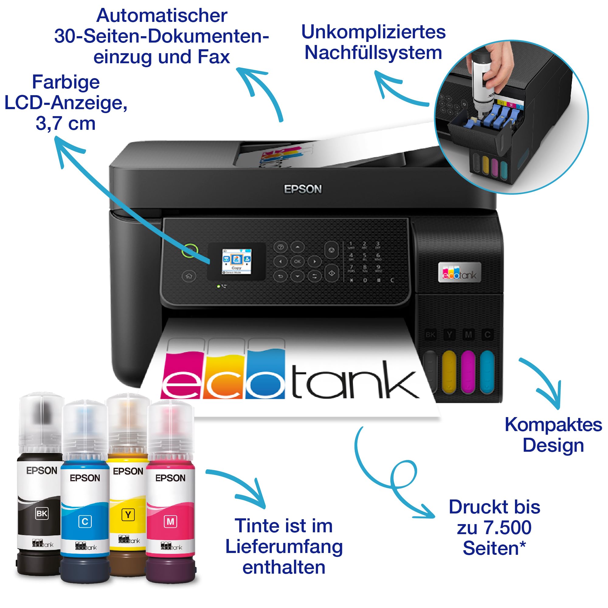 Epson EcoTank ET-4800 A4-Multifunktions-Wi-Fi-Tintentankdrucker, mit einem im Lieferumfang enthaltenen Vorrat an Tinten bis zu 3 Jahren