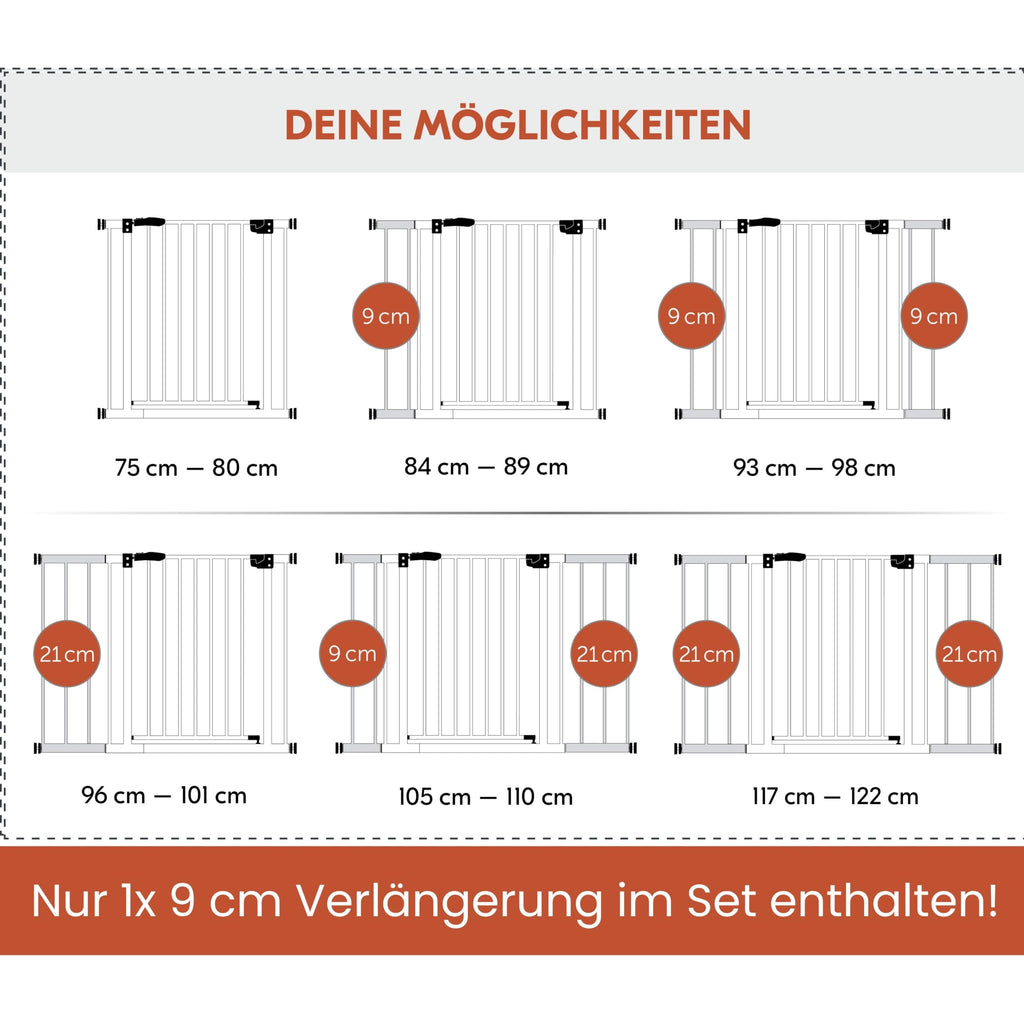 hauck Clear Step Autoclose 2 + 9cm Verlängerung, Weiß - Kinderschutzgitter Hundegitter Verstellbare Breite 84-89cm, 77cm Hoch, Selbstschließend, Flacher Einstieg, Einhand Öffnung, ohne Bohren
