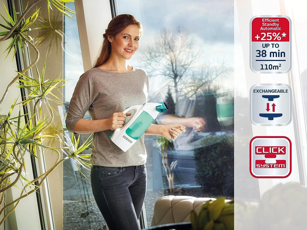 Leifheit Fenstersauger Set Dry & Clean mit Stiel und Einwascher für 360° streifenfreie Reinigung, Fensterreiniger verwendbar bis zu 38 min, Fensterputzer mit Stand-by-Automatik und Click-System
