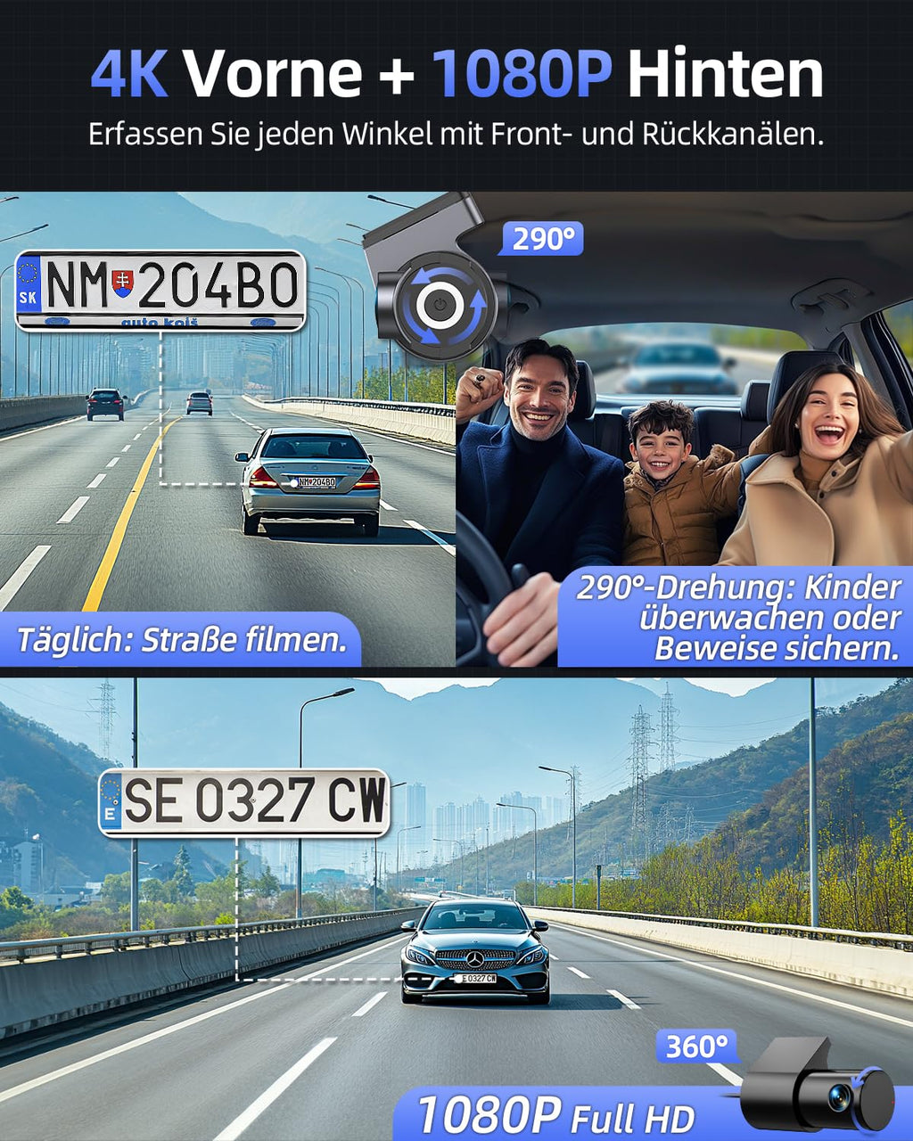 CIEVIE 4K+1080P Dashcam Auto Vorne Hinten mit 64GB SD Karte, 5GHz WiFi Dashcam mit 1,5″ IPS Display, 170° Weitwinkel, G-Sensor, WDR Nachtsicht, Loop-Aufnahme, APP Steuerung, Unterstützt 256 GB Max