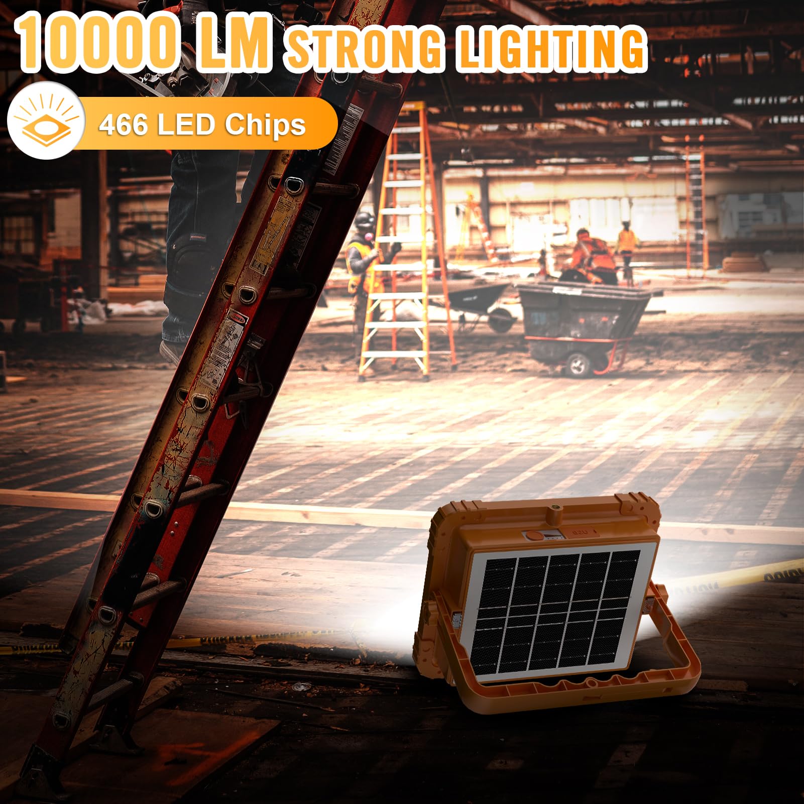 100W Baustrahler Akku Solar Arbeitsleuchte, 466 LED 5 Modi, 10000LM 12000mAh USB-wiederaufladbar, IP66 wasserdicht Akku Arbeitsleuchte Tragbar im Freien für Baustelle, Camping, Garage, Notfälle