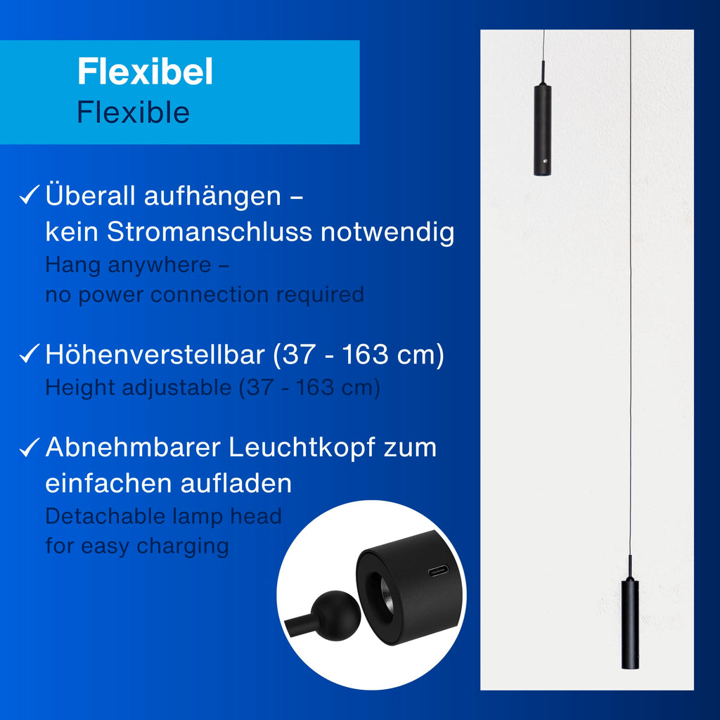 REV Pendelleuchte Akku - 130lm dimmbar 3 Farben, Timer 1-4H, höhenverstellbar durch ziehen (37-163cm) Hängeleuchte mit Fernbedienung, ideal als Hängelampe ohne Strom, schwarz
