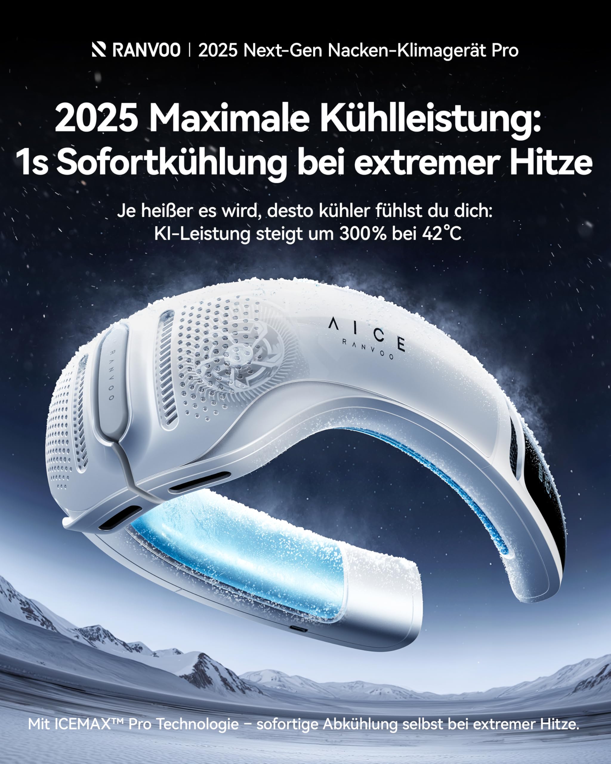 RANVOO AICE LITE Plus 2025 Max Kühlleistung [Nr.1 Kühlste & Langlebigste] Nackenventilator, Nackenklimaanlage, 6.000 mAh Wiederaufladbarer Nackenkühler, Bläst Kalte Luft, Geschenk für Mama, Weiß