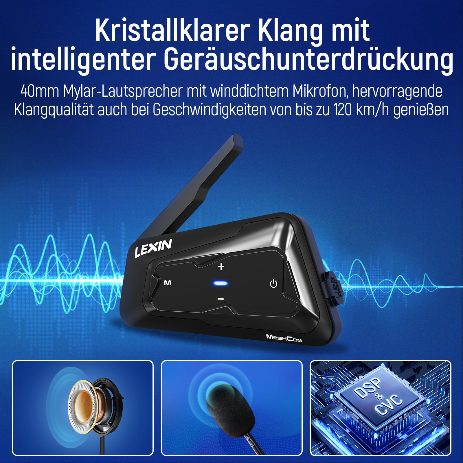 LEXIN MeshCom Mesh 3.0 Helm Intercom, Motorrad Headset Bluetooth 5.0, Motorradhelm Kommunikationssystem mit CVC und DSP Geräuschunterdrückung, Multi-Audio Funktion, IP67 Wasserdicht, Einzelpack