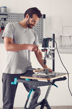 wolfcraft Bohrständer mit Schraubstock - 3406301 - praktisches Set zum exakten Bohren von Flächen, Rundmaterial, Leisten