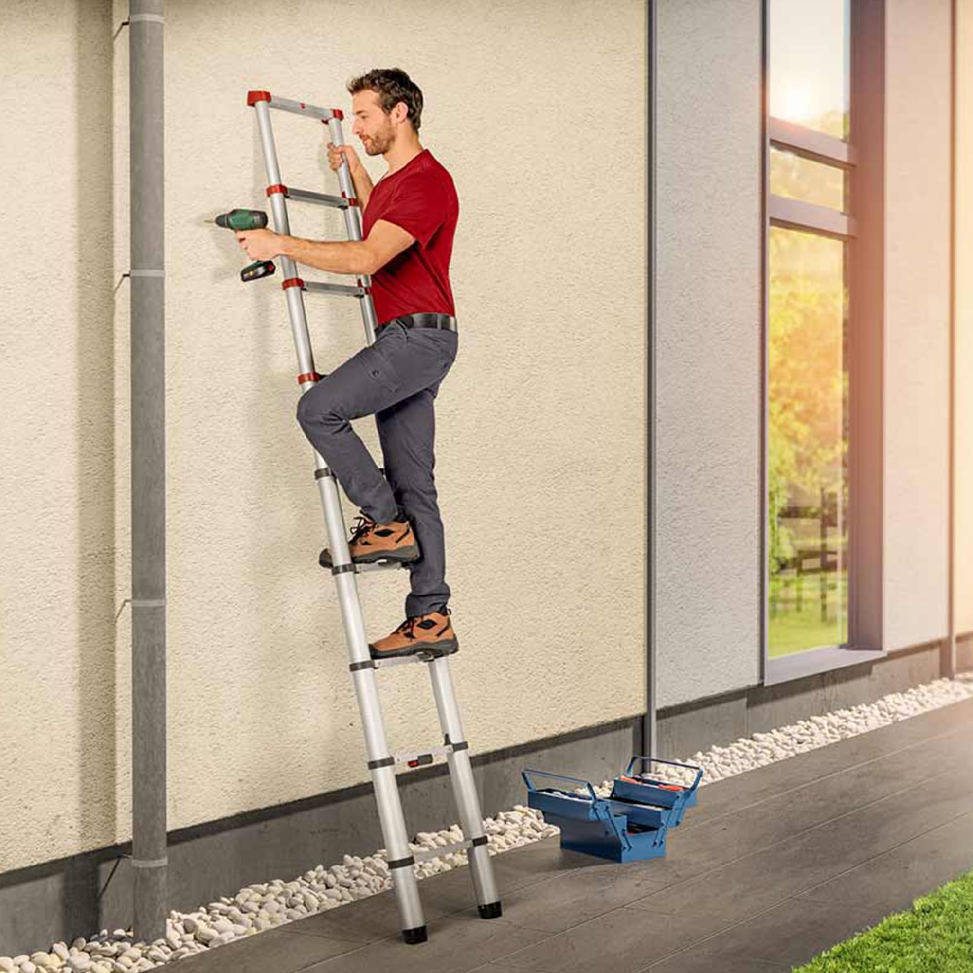 Hailo T80 FlexLine Alu Sicherheits-Teleskopleiter - ausziehbare Anlegeleiter mit 11 Sprossen - Arbeitshöhe bis 397 cm - Gewicht 10,7 kg - Silber