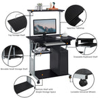 Yaheetech Schreibtisch mit Druckerregal Computertisch schwarz PC Tisch mit 4 Rollen 80 x 50 x 132 cm