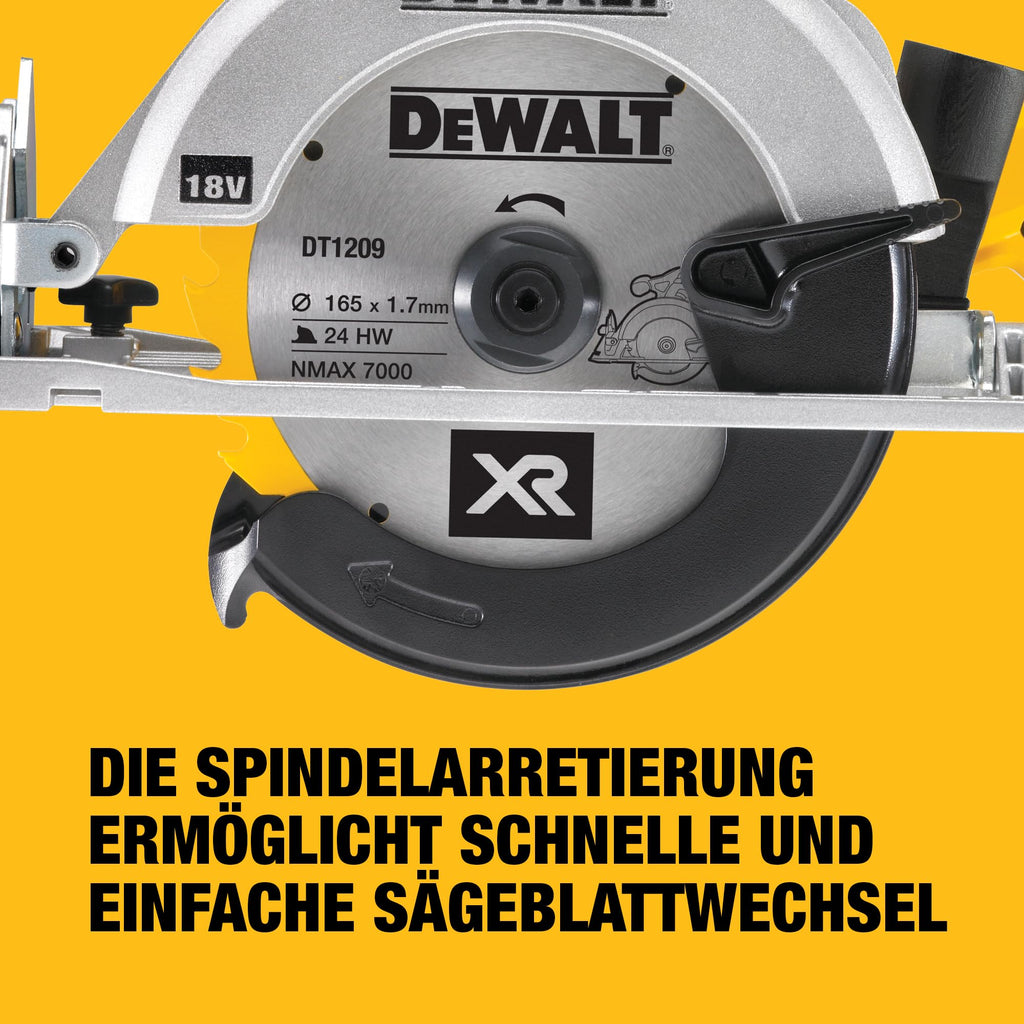 DEWALT 18 Volt Akku-Handkreissäge (760 Watt Abgabeleistung, Sägeblatt-ø: 165 x 20 mm, bis 50° Neigungsverstellung, 24-Zahn HM Sägeblatt, T STAK Box VI, Lieferung ohne Akku & Ladegerät), DCS391NT-XJ