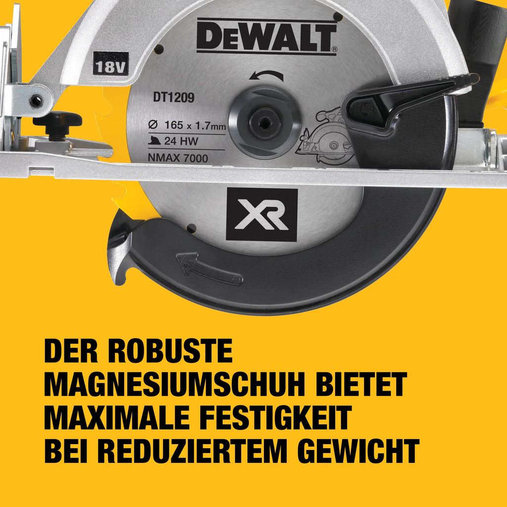 DEWALT 18 Volt Akku-Handkreissäge (760 Watt Abgabeleistung, Sägeblatt-ø: 165 x 20 mm, bis 50° Neigungsverstellung, 24-Zahn HM Sägeblatt, T STAK Box VI, Lieferung ohne Akku & Ladegerät), DCS391NT-XJ