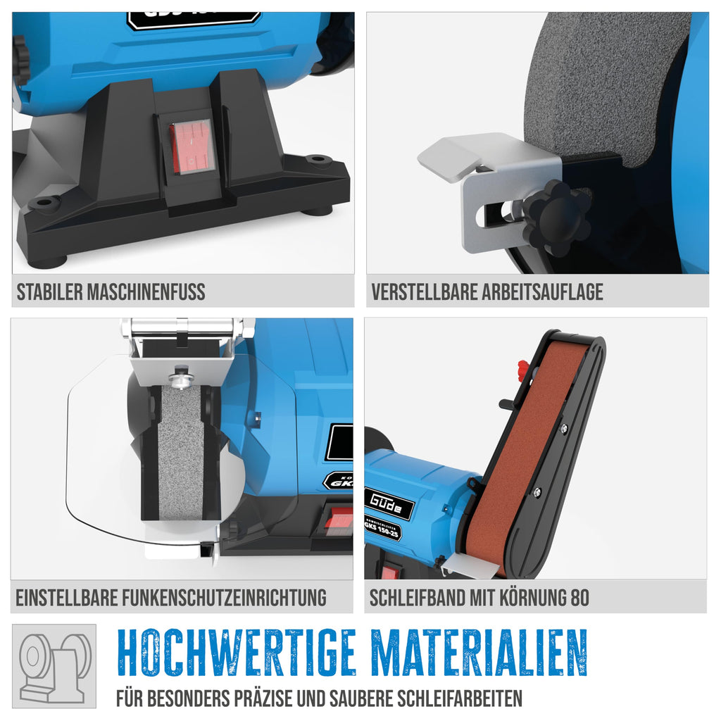 Güde Kombischleifer GKS 150-25 (250 W, 2980 1/min, Kondensatormotor, stabiler Maschinenfuß, Funkenschutzeinrichtung einstellbar, Feinschleifscheibe ø 150 mm 36 K, Schleifband 50x686 mm 80 K)