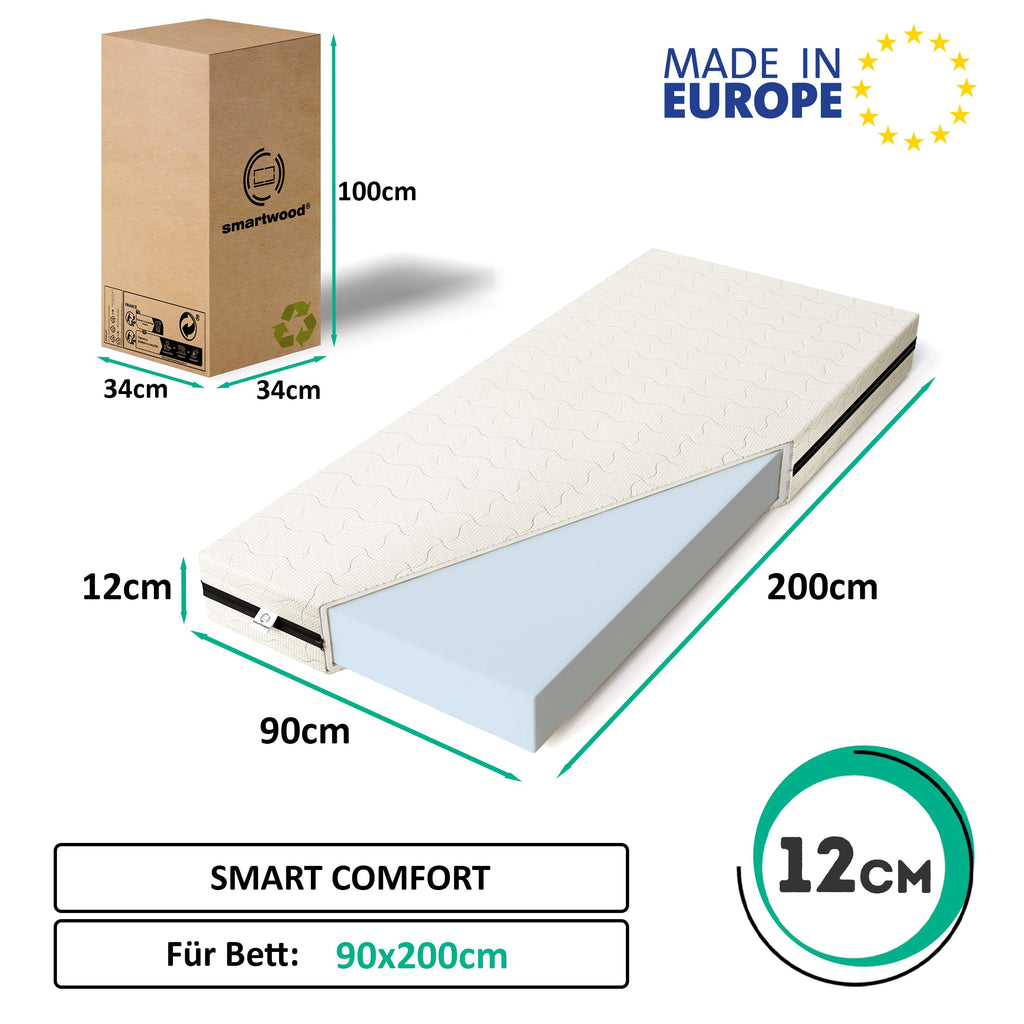 smartwood Kindermatratze 90x200 12cm Matratze für Kinder - H2 Schaumstoffmatratze Oeko-TEX-Zertifiziert - Wendbar - mit Waschbarem Antiallergischem Bezug – SmartComfort | Made in EU