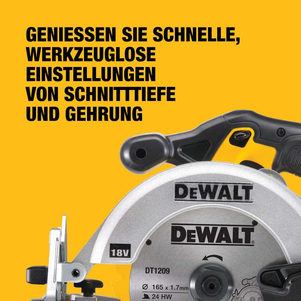 DEWALT 18 Volt Akku-Handkreissäge (760 Watt Abgabeleistung, Sägeblatt-ø: 165 x 20 mm, bis 50° Neigungsverstellung, 24-Zahn HM Sägeblatt, T STAK Box VI, Lieferung ohne Akku & Ladegerät), DCS391NT-XJ