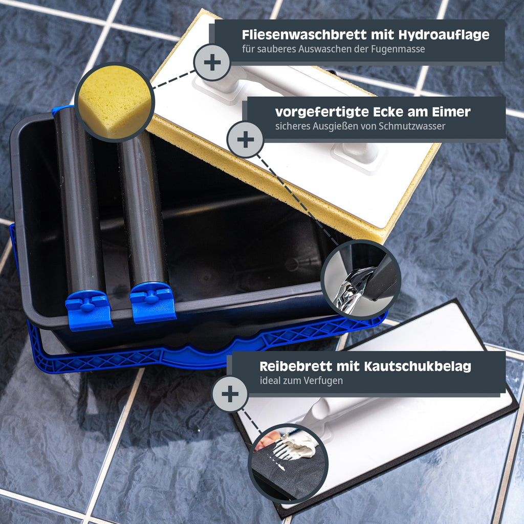HELPMATE Fliesenwaschset 5-teilig 12 Liter Kunststoff Eimer, Doppelrollenaufsatz, Fliesenwaschbrett und Verfugbrett Made in Germany