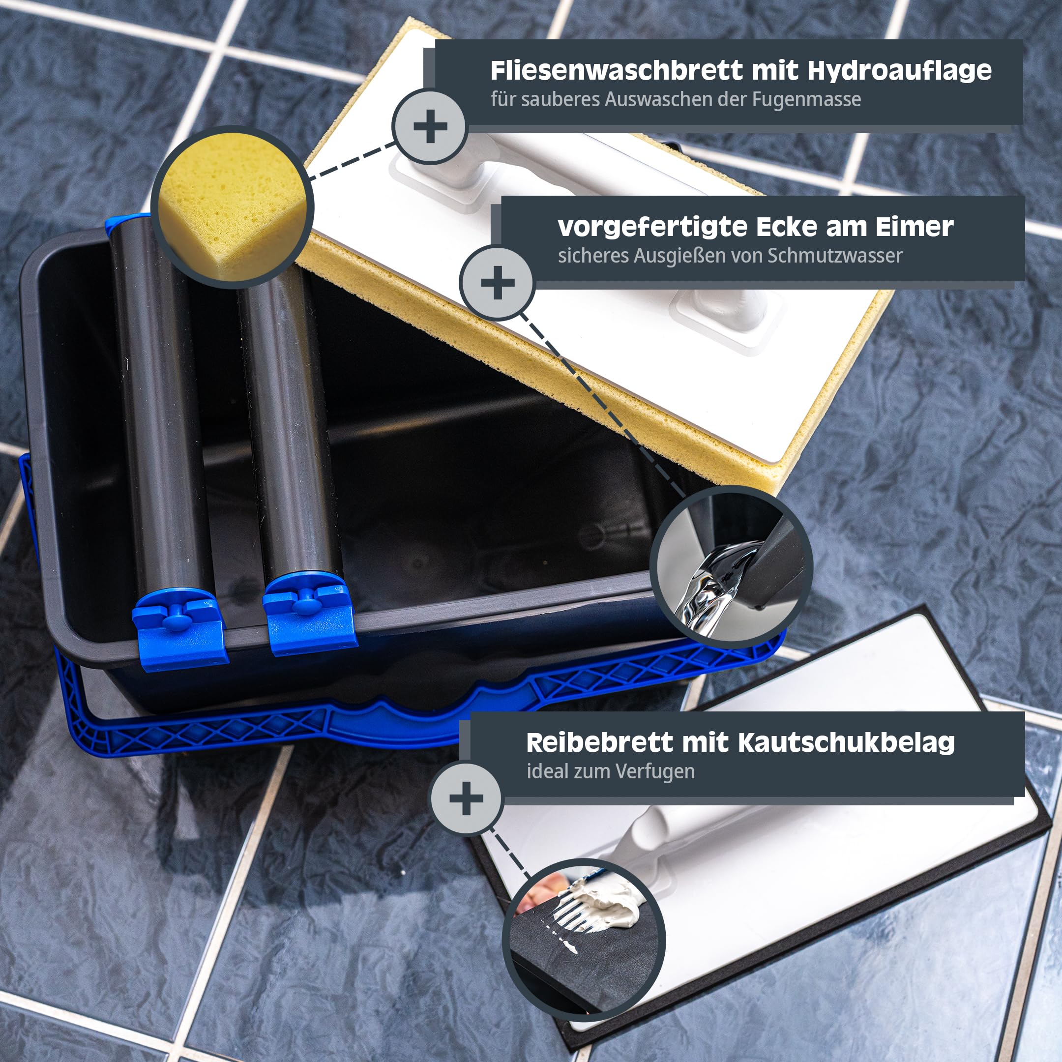 HELPMATE Fliesenwaschset 5-teilig 12 Liter Kunststoff Eimer, Doppelrollenaufsatz, Fliesenwaschbrett und Verfugbrett Made in Germany